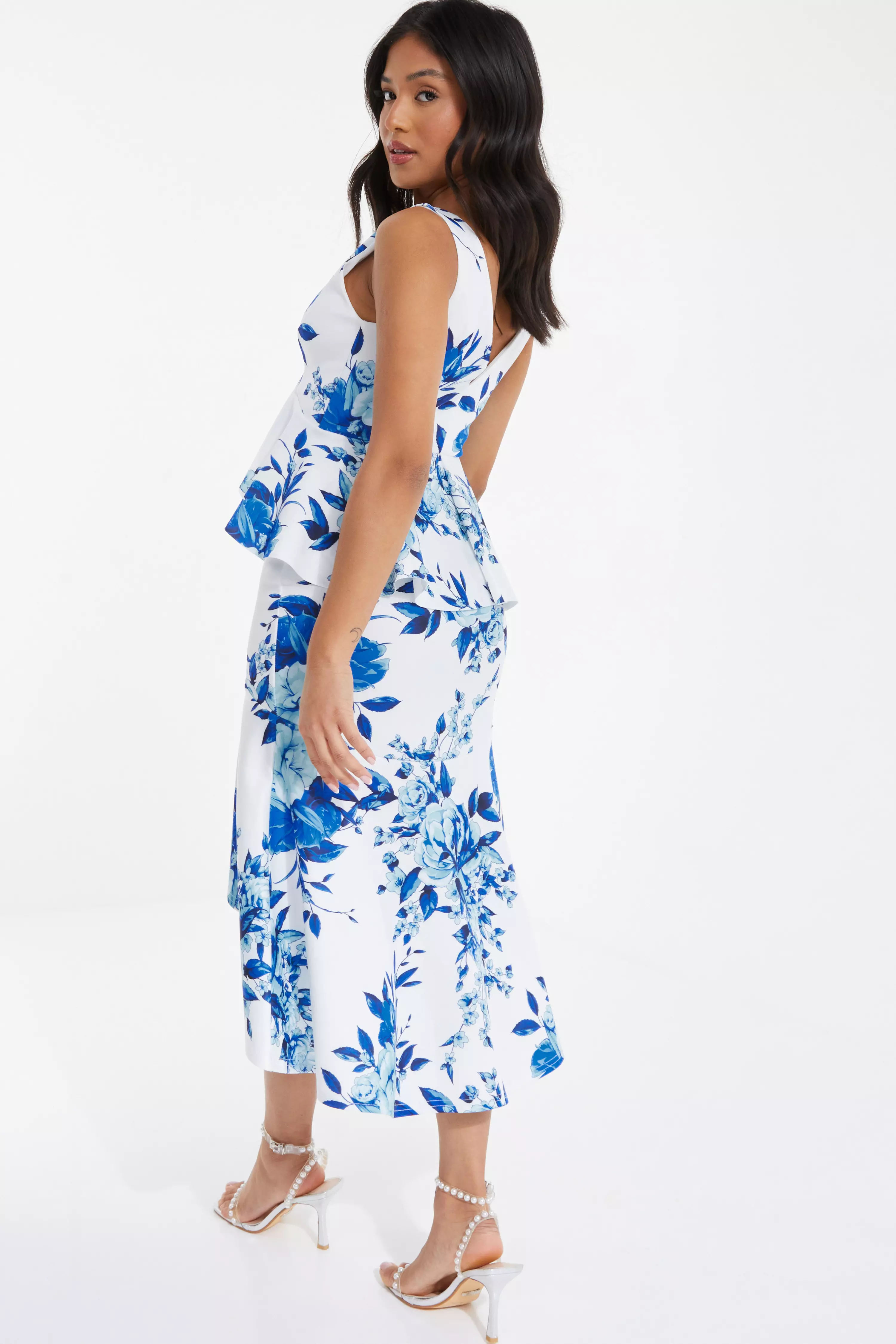 Petite Blue Floral Dip Hem Frill Midi Dress