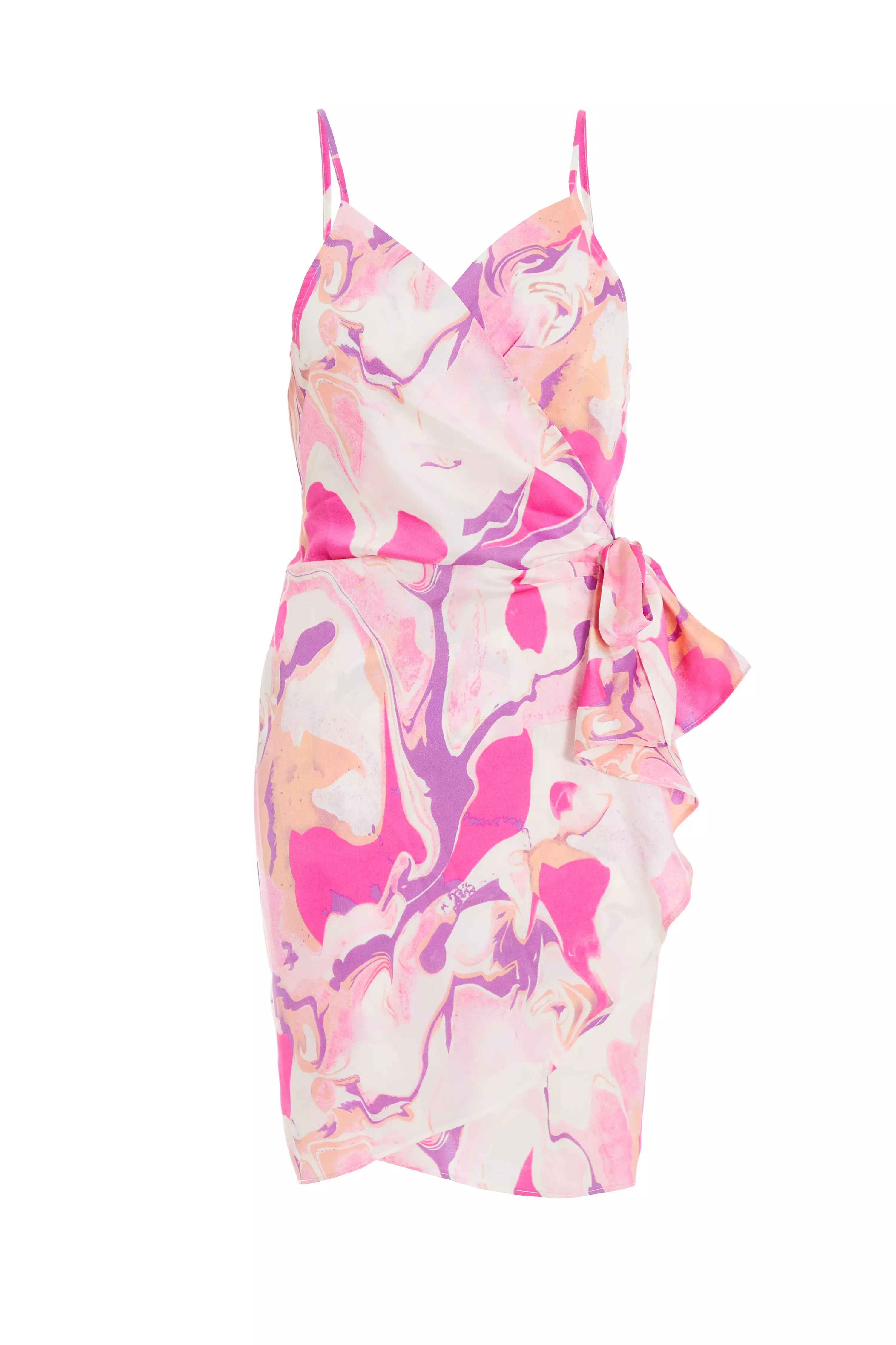 Pink Satin Marble Print Wrap Mini Dress