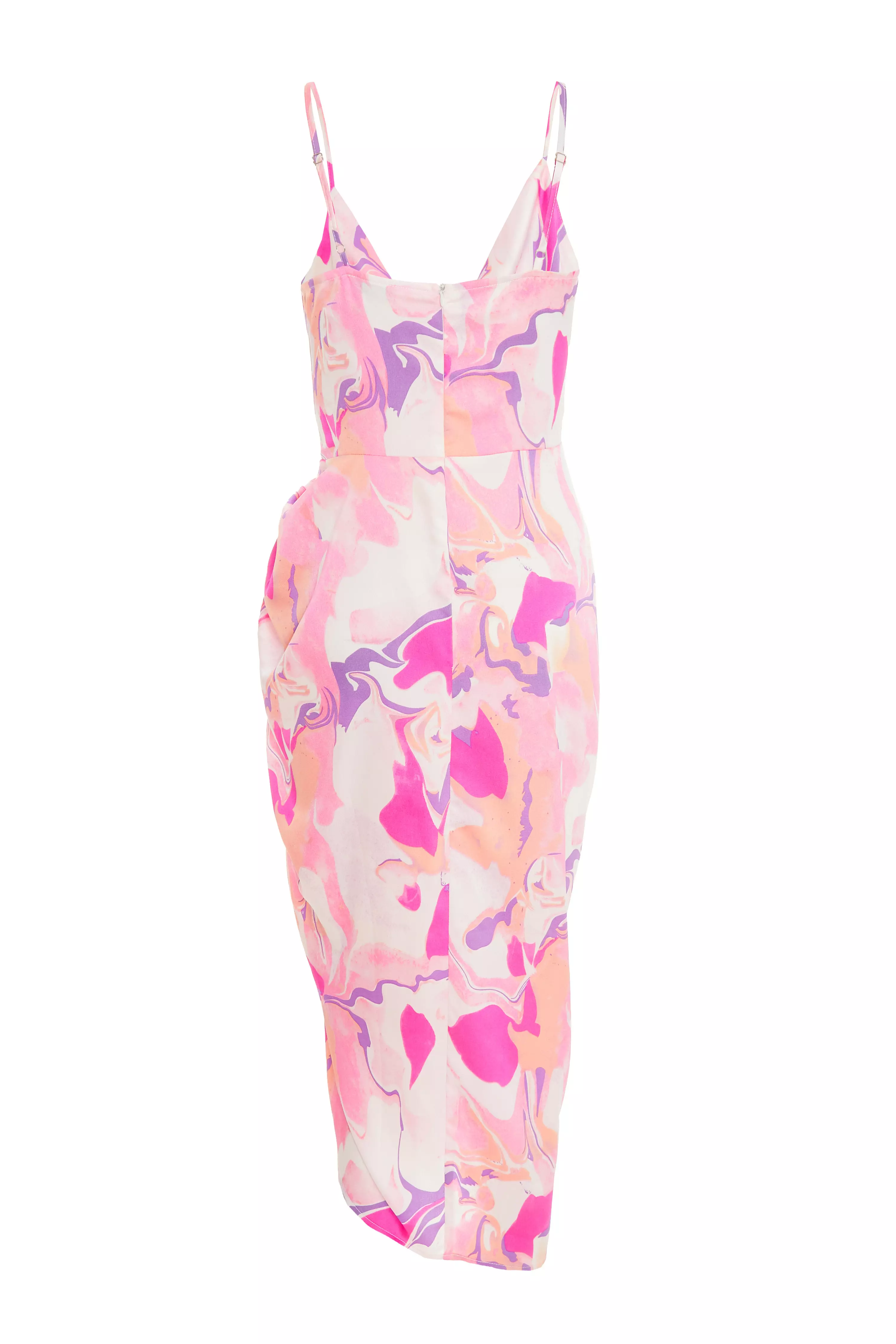 Pink Satin Marble Print Wrap Midi Dress