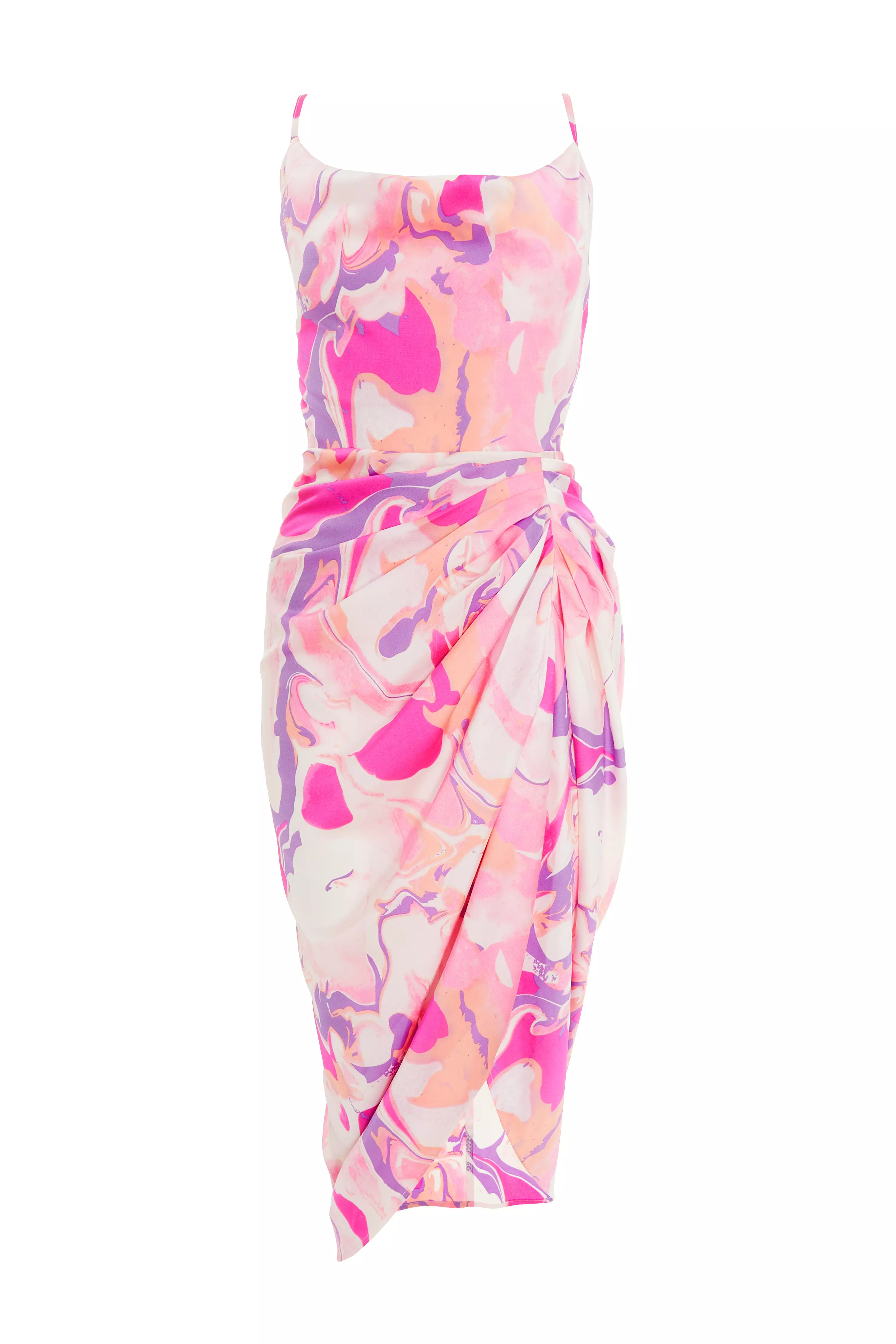 Pink Satin Marble Print Wrap Midi Dress