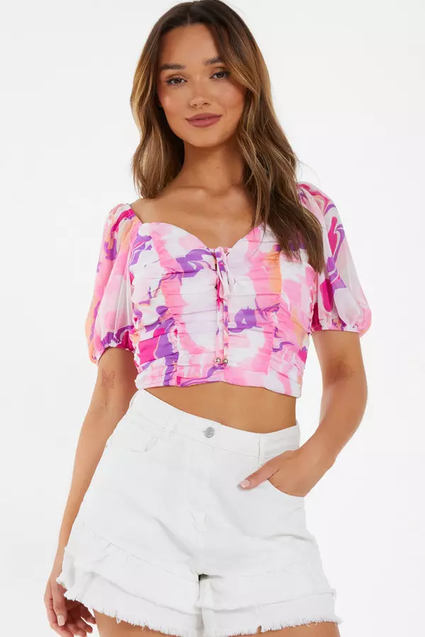 Pink Satin Marble Print Lace Up Crop Top