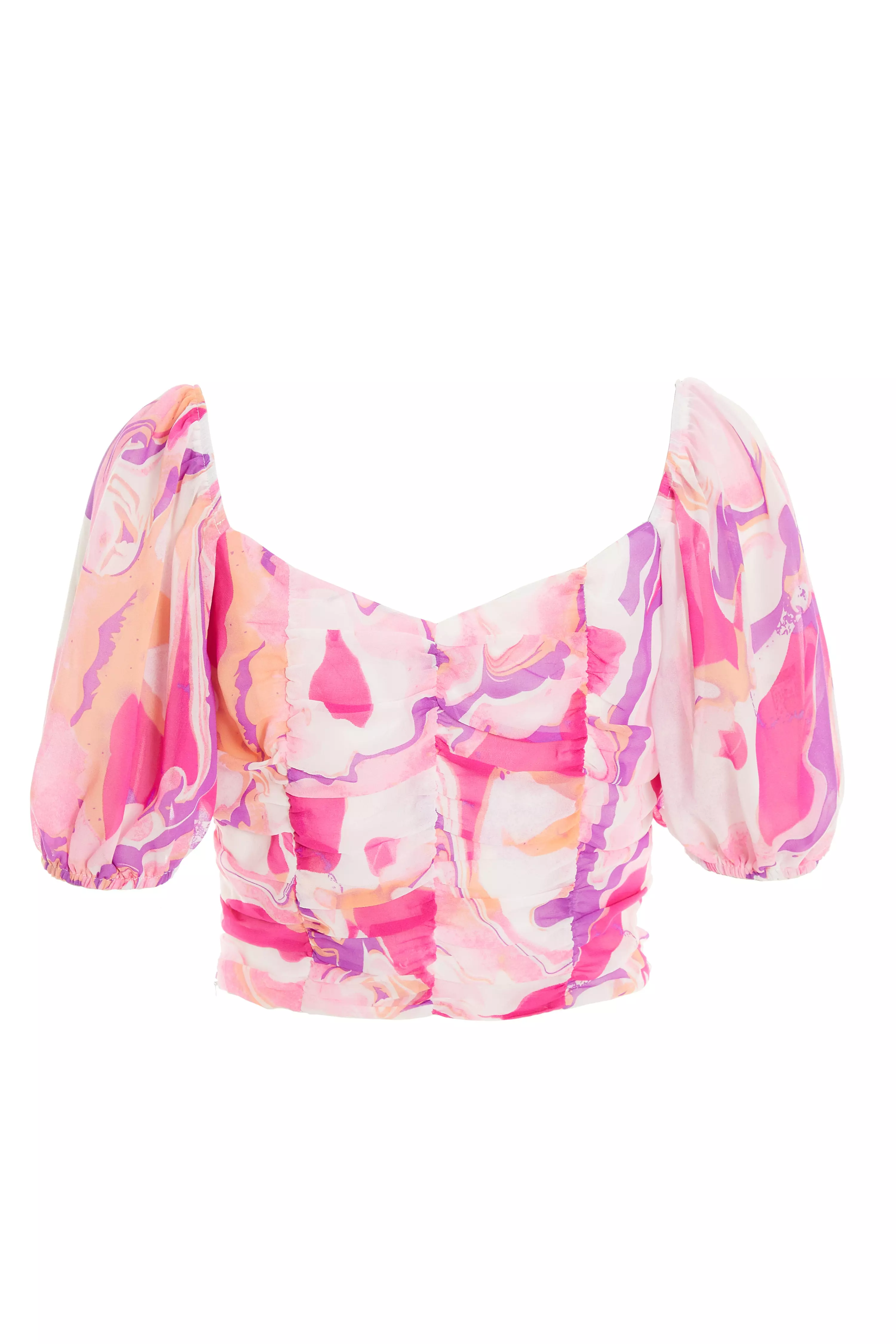 Pink Satin Marble Print Lace Up Crop Top