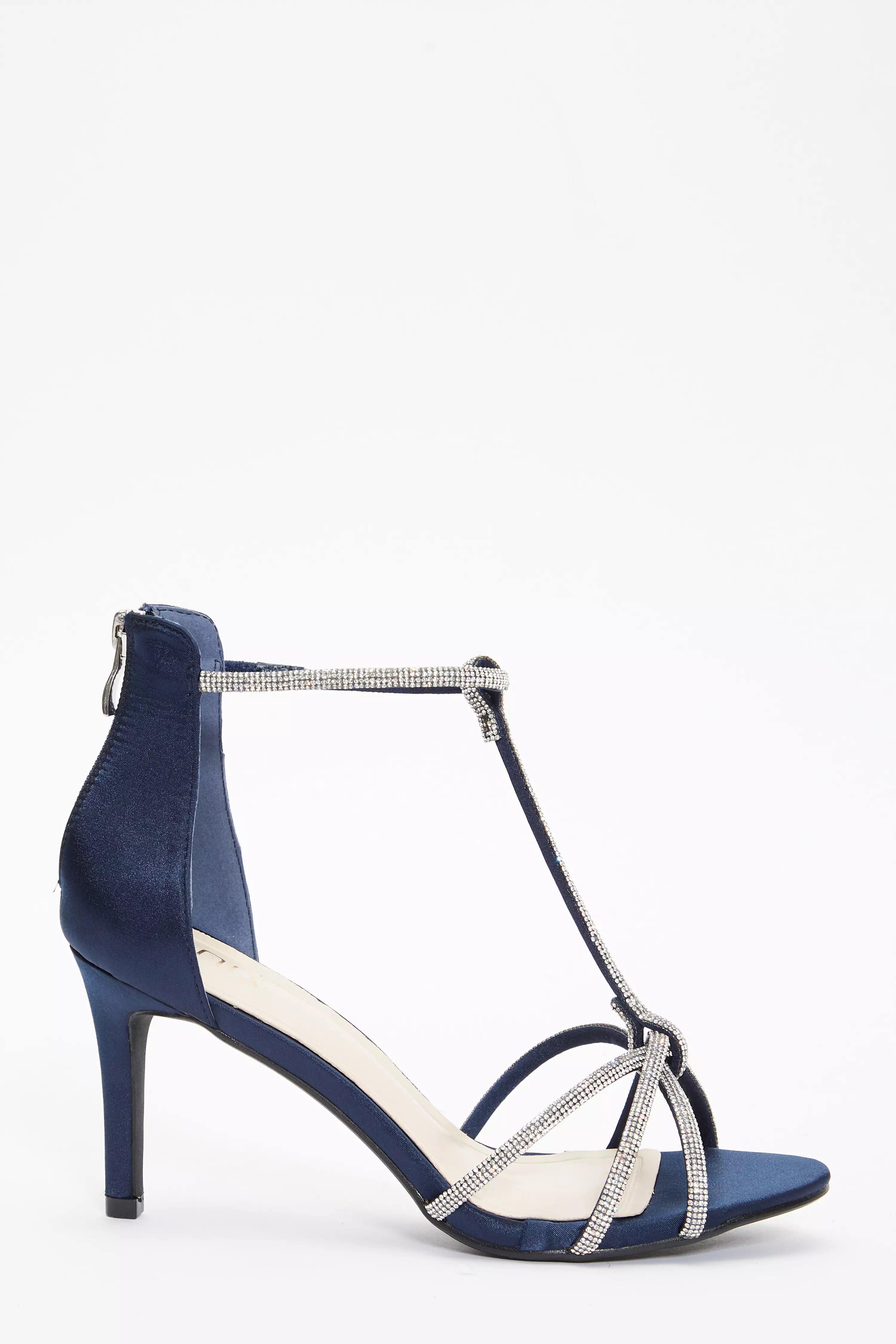 Navy Satin Diamante T-Bar Heeled Sandals