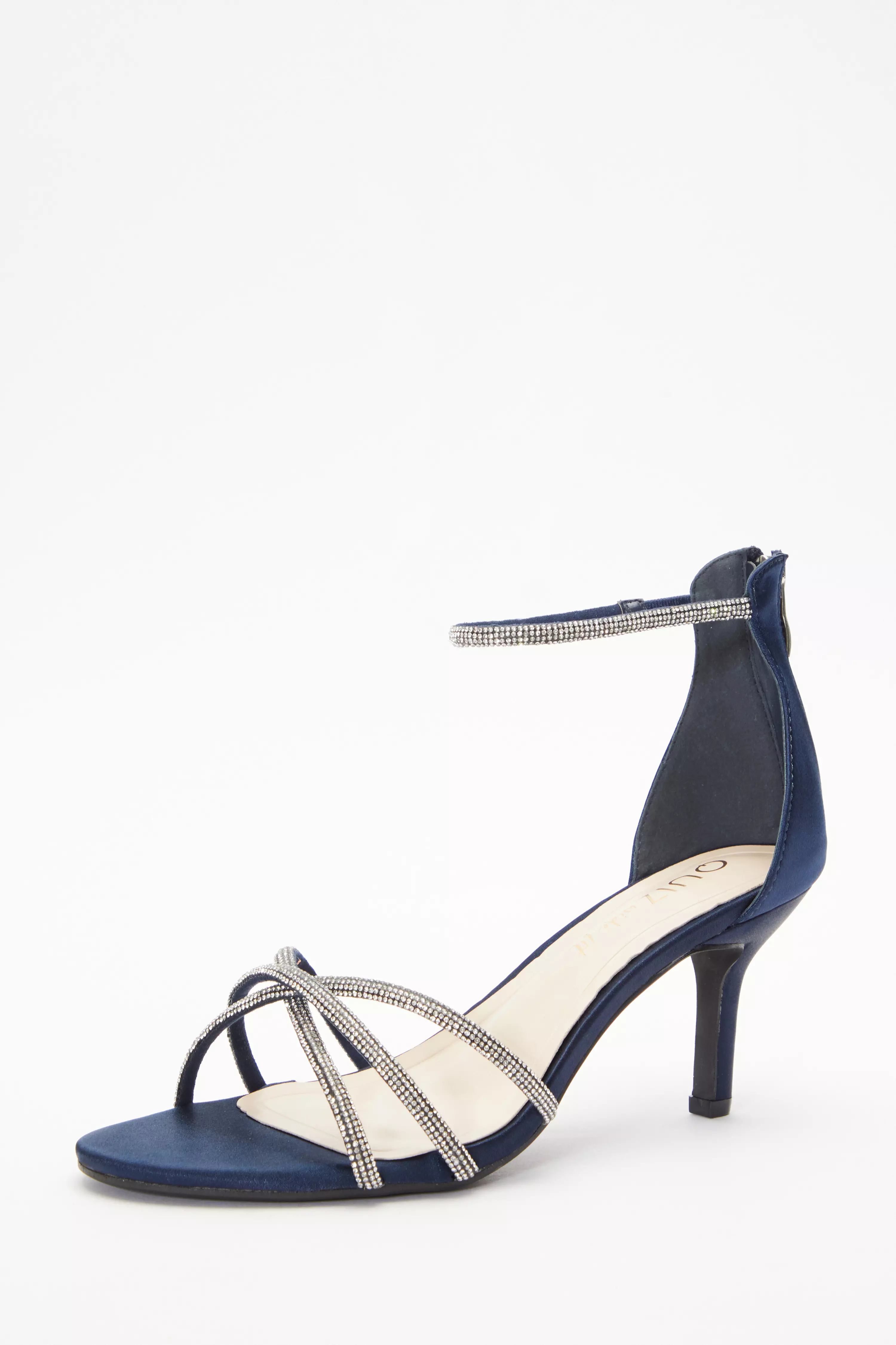 Wide Fit Navy Satin Diamante Cross Strap Low Heels