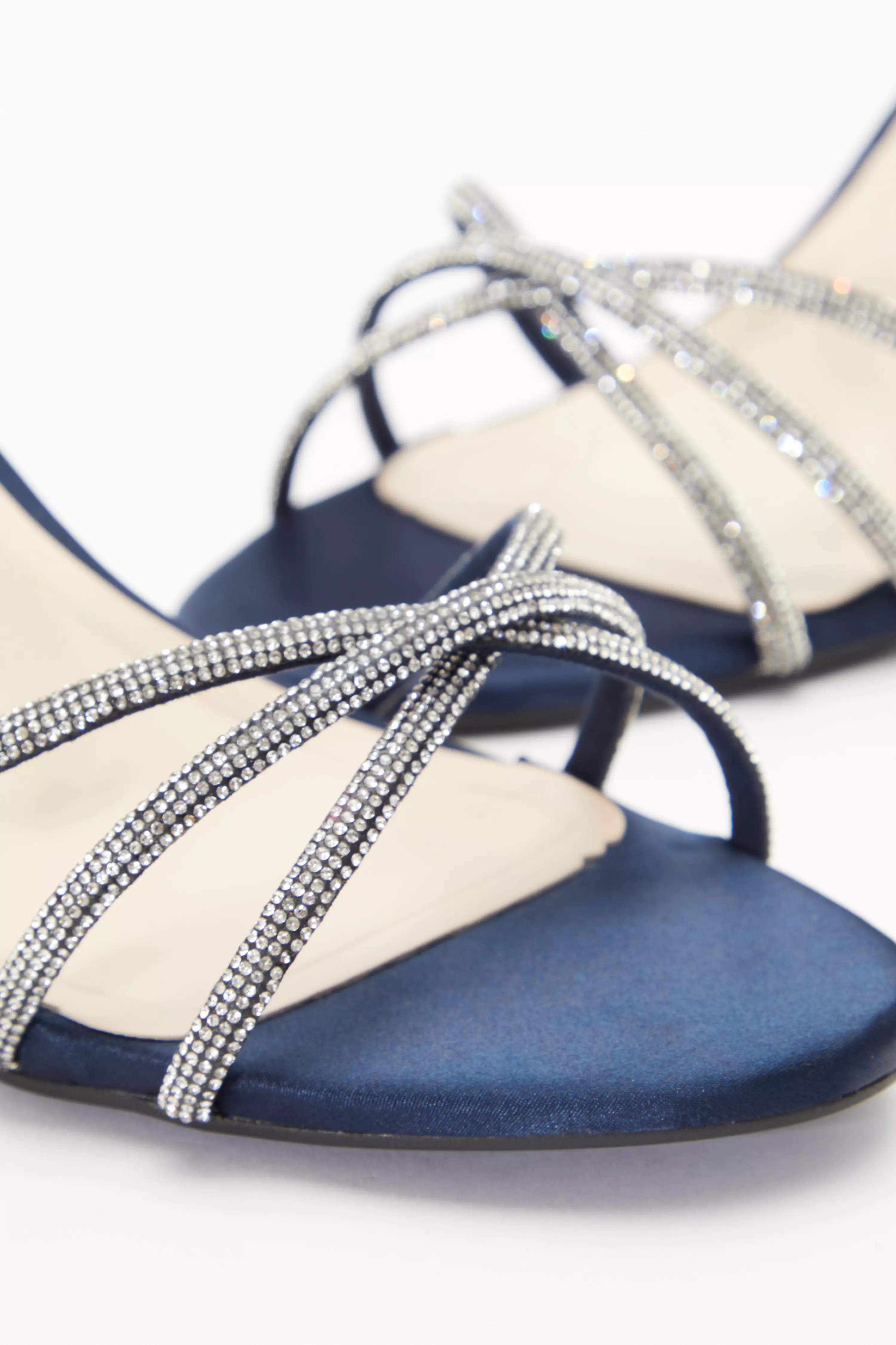 Wide Fit Navy Satin Diamante Cross Strap Low Heels