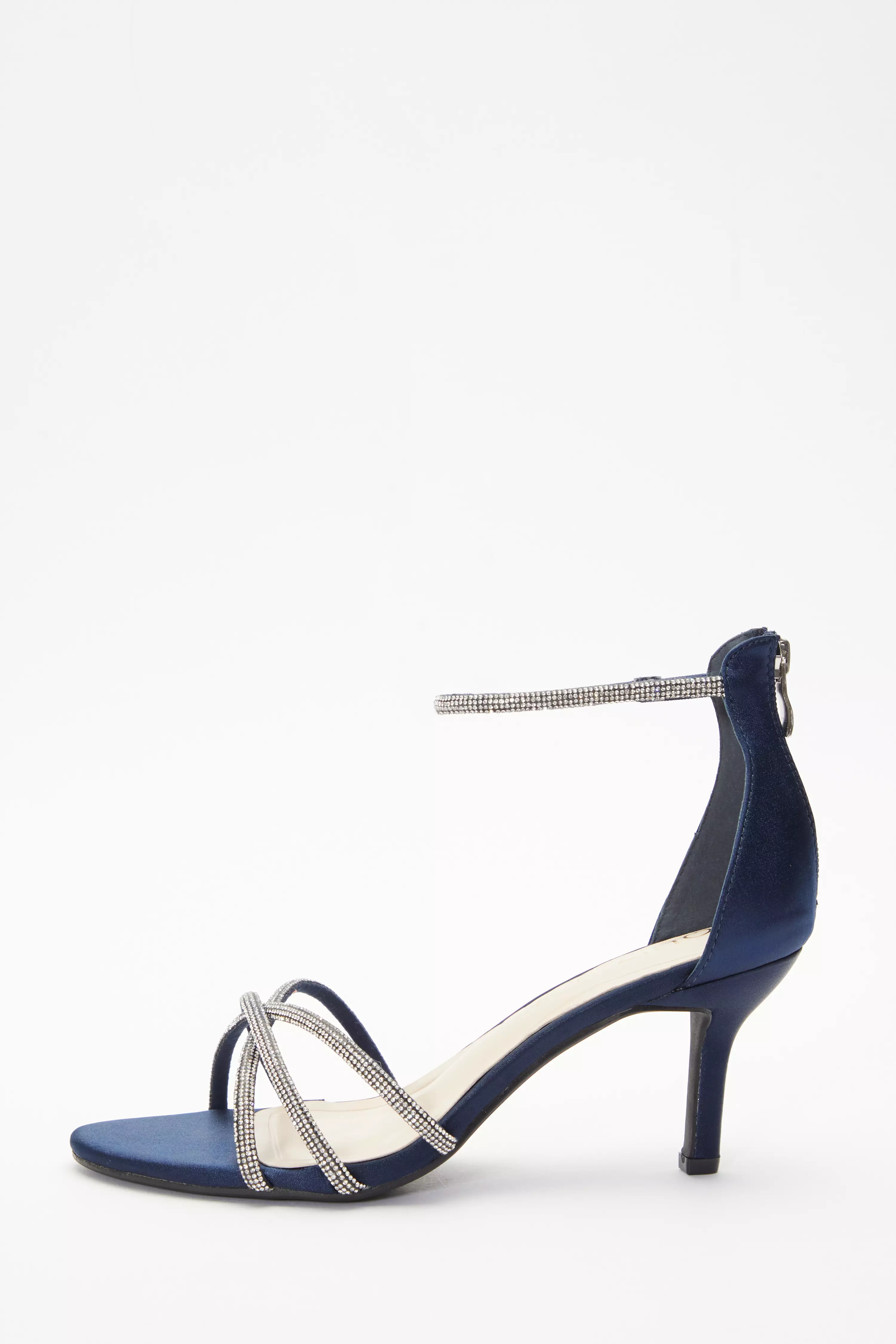 Wide Fit Navy Satin Diamante Cross Strap Low Heels