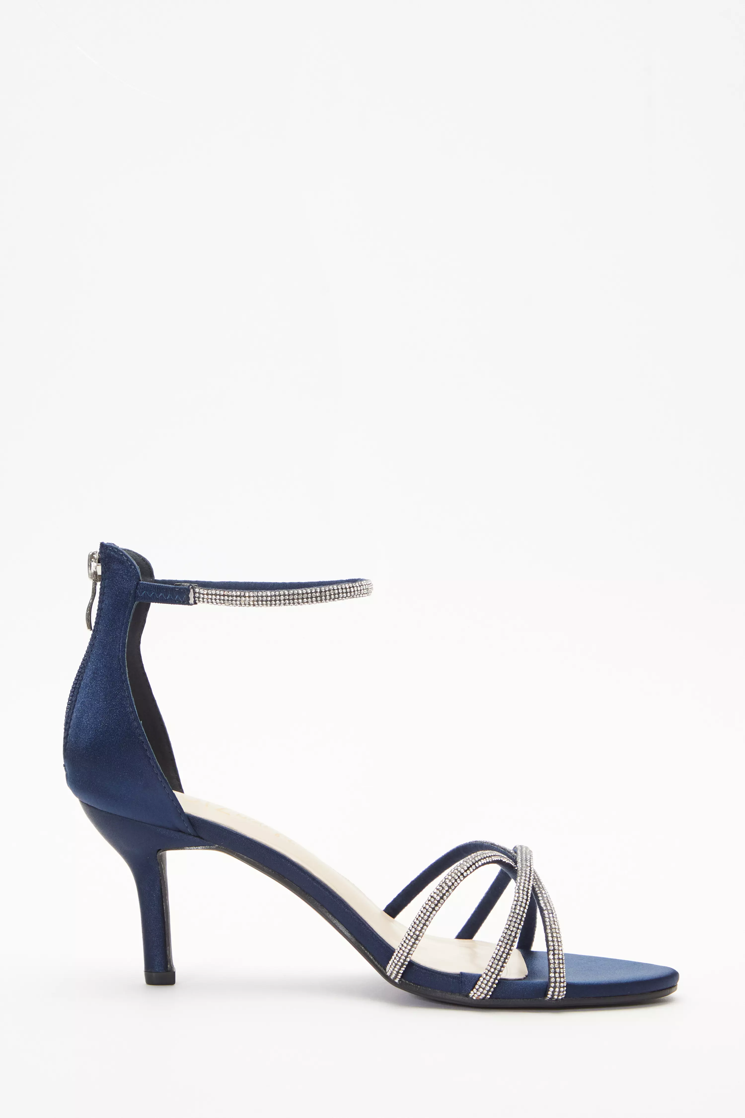 Wide Fit Navy Satin Diamante Cross Strap Low Heels