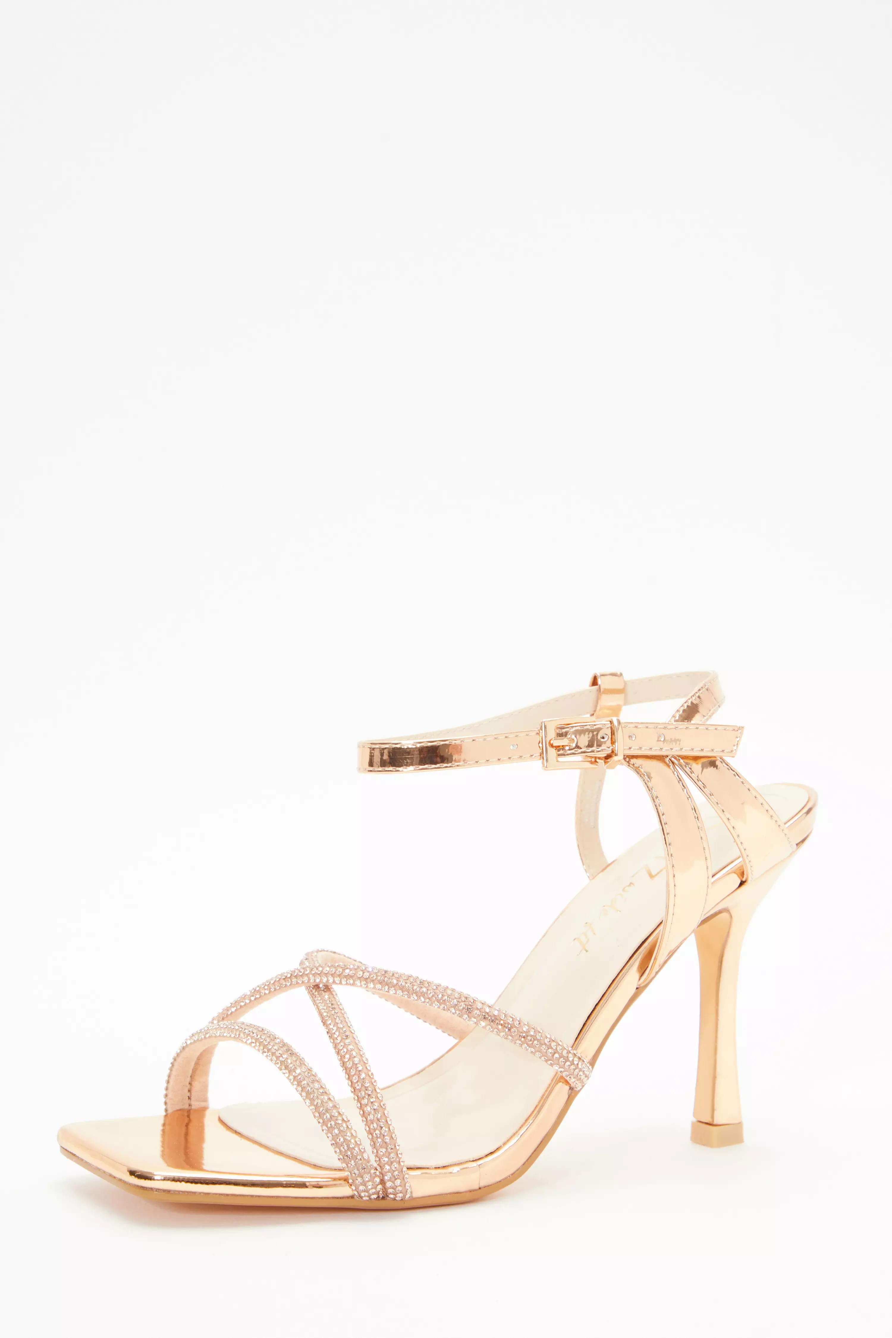 Wide Fit Rose Gold Diamante Cross Strap Heels