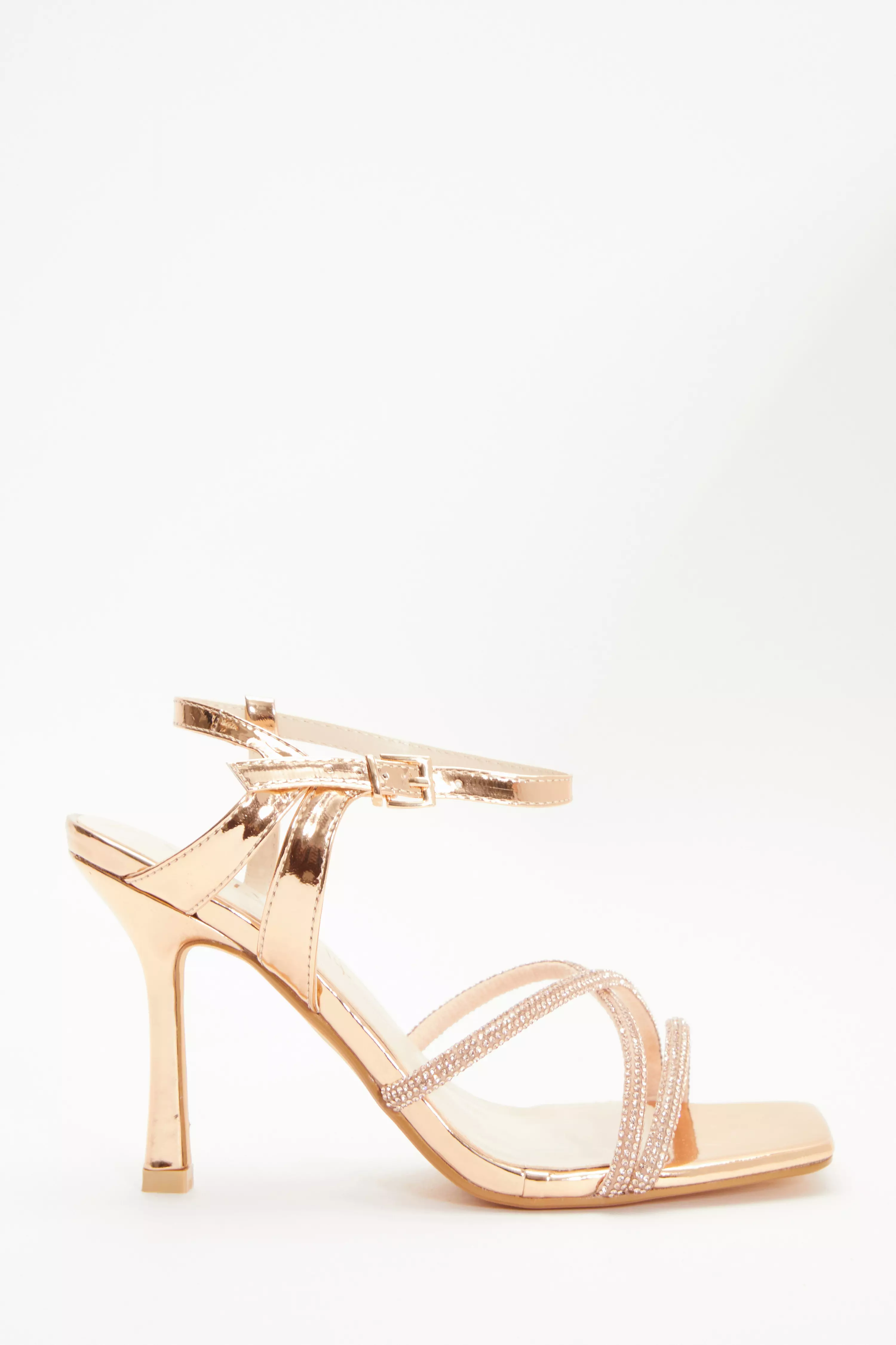 Wide Fit Rose Gold Diamante Cross Strap Heels