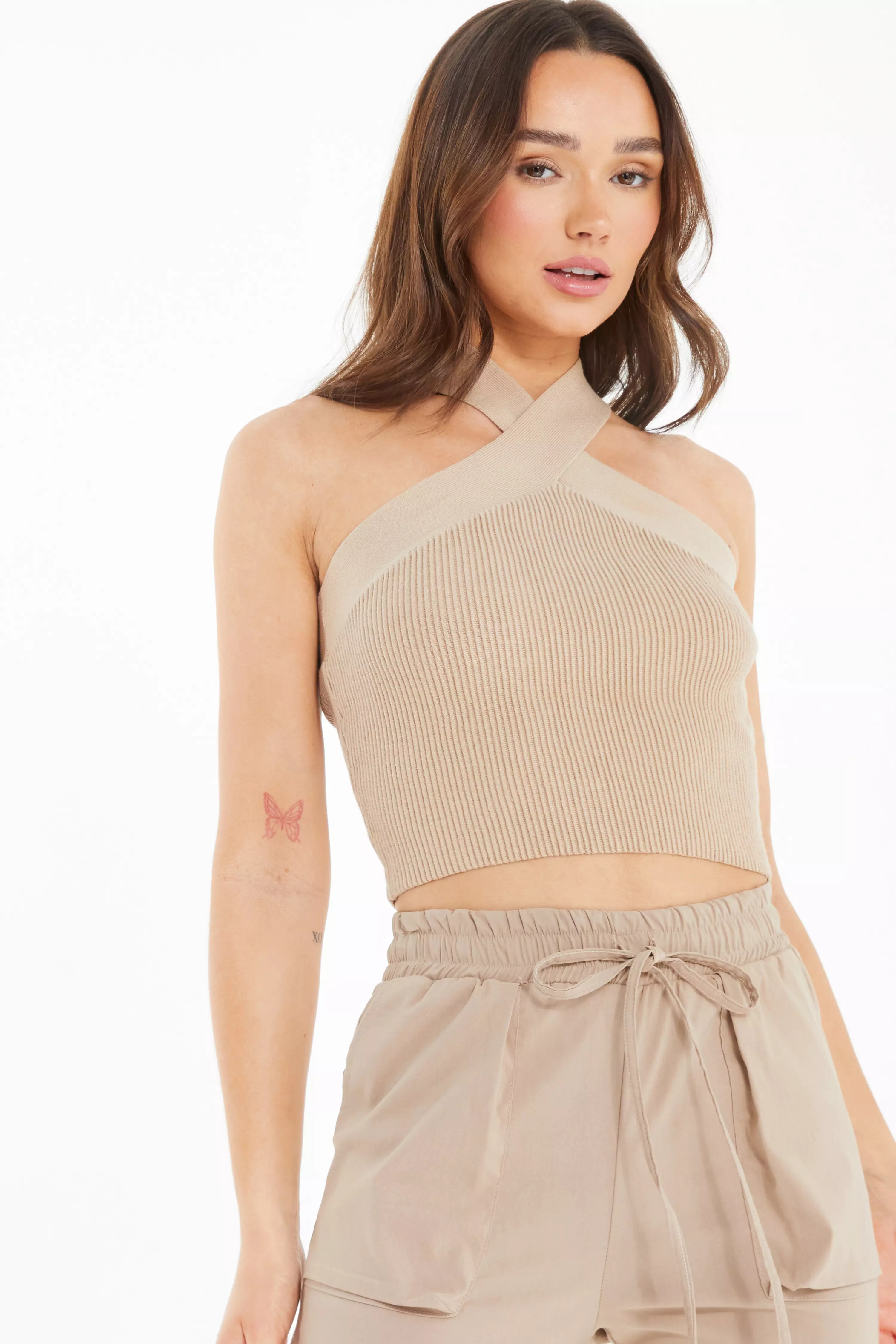 Stone Knitted Cross Neck Crop Top