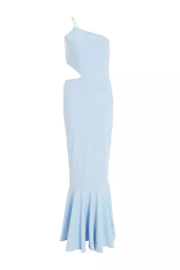 Light Blue One Shoulder Frill Hem Maxi Dress