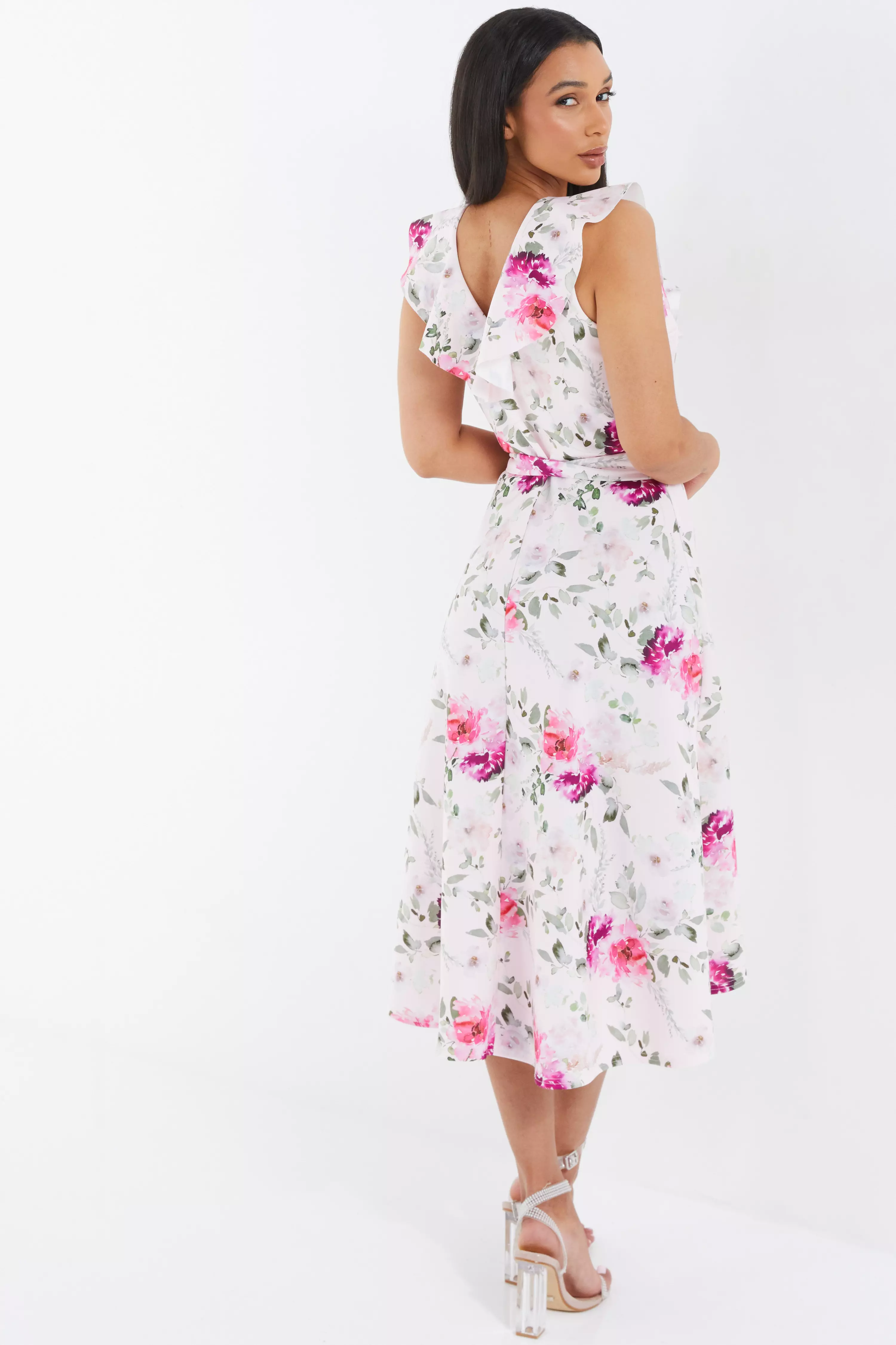 Light Pink Floral Dip Hem Midi Dress