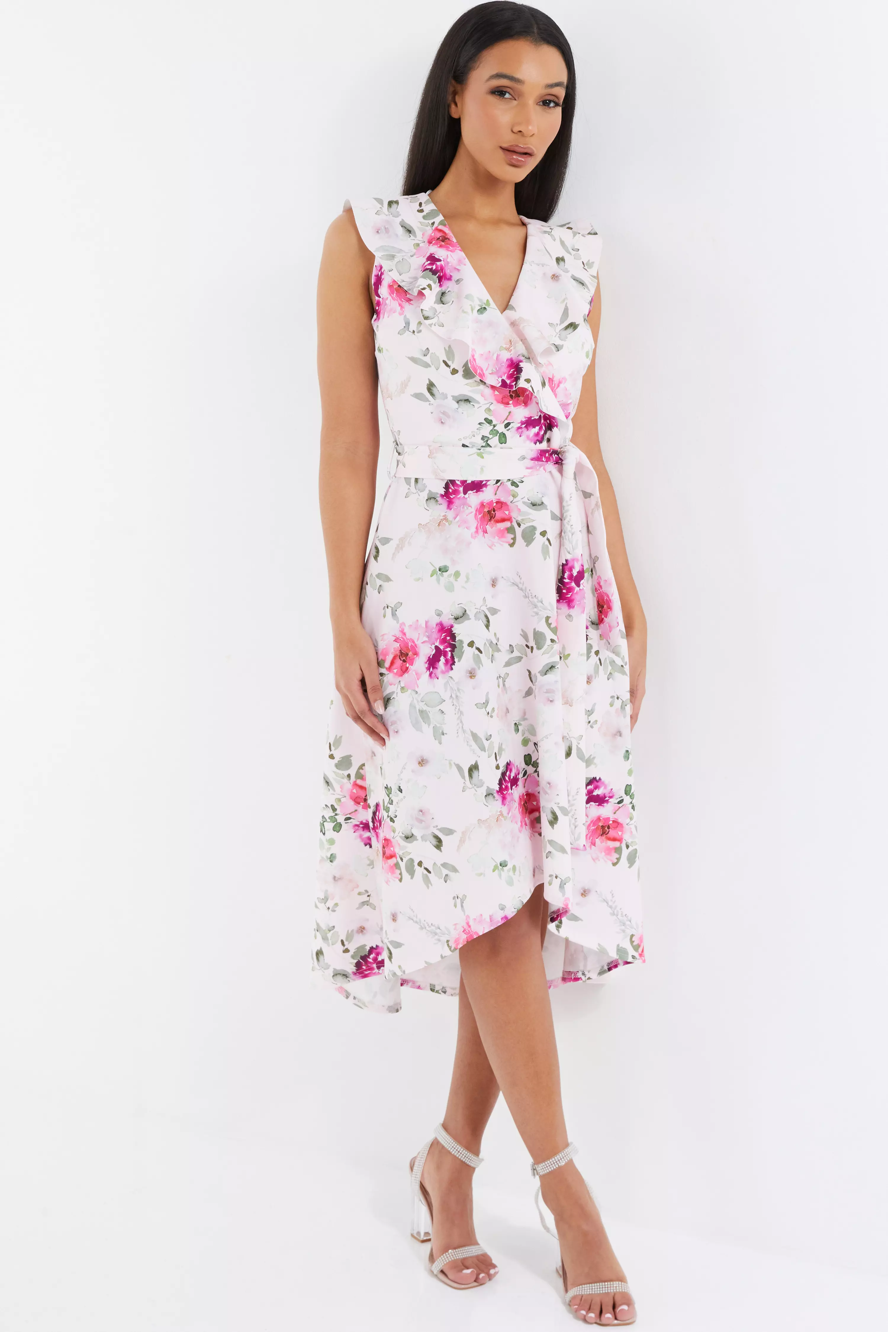 Light Pink Floral Dip Hem Midi Dress