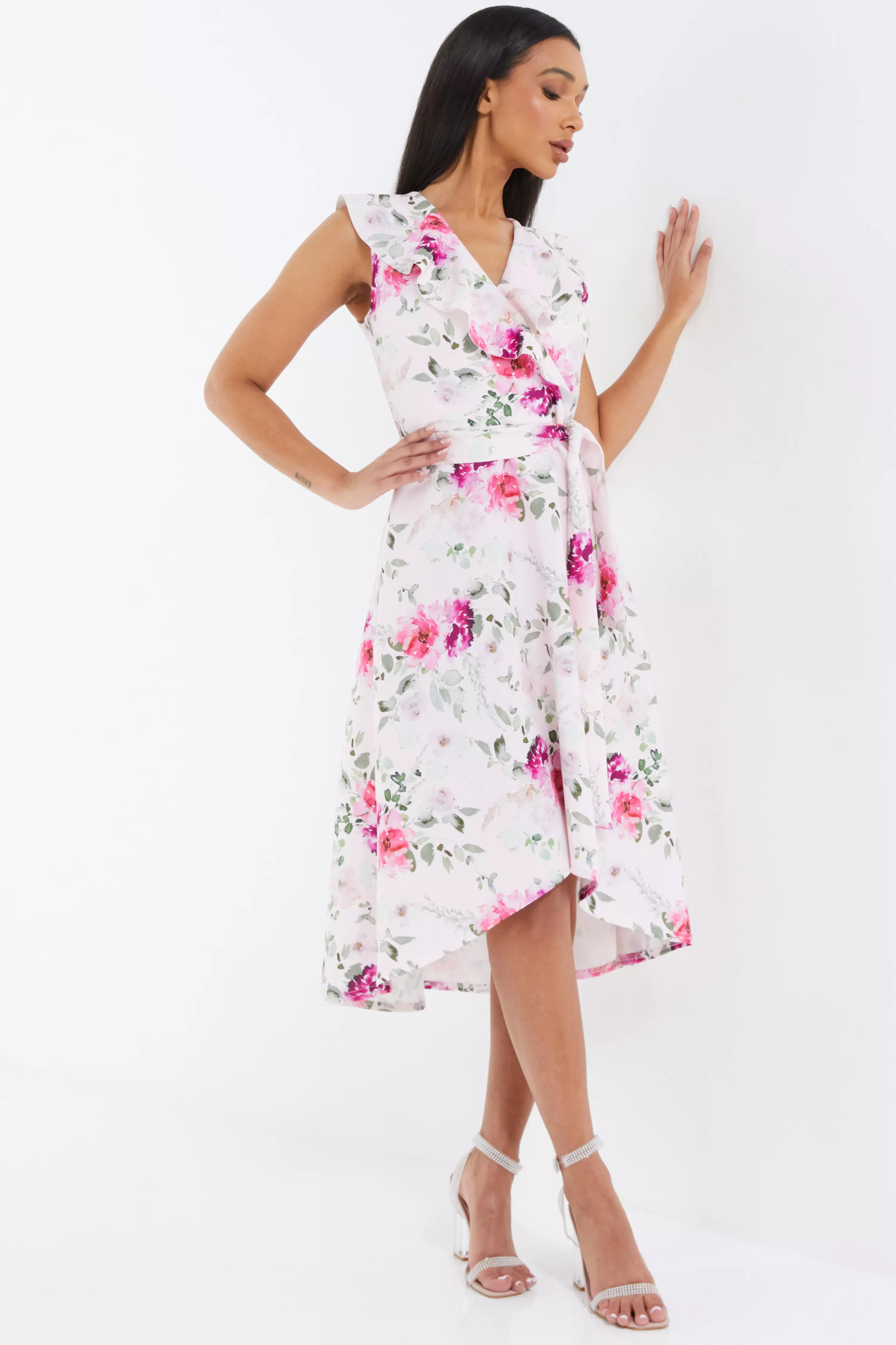 Light Pink Floral Dip Hem Midi Dress