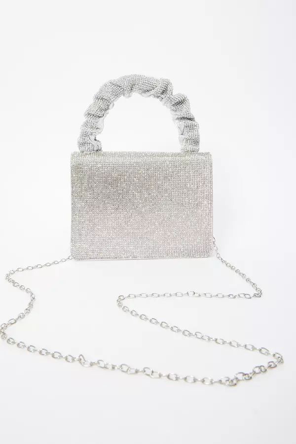 Silver Diamante Mini Ruched Bag