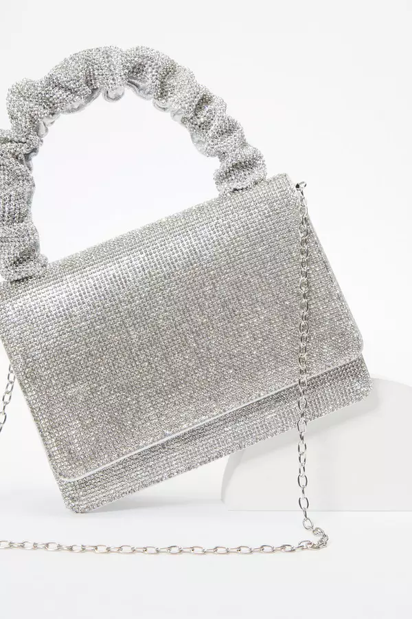 Silver Diamante Mini Ruched Bag