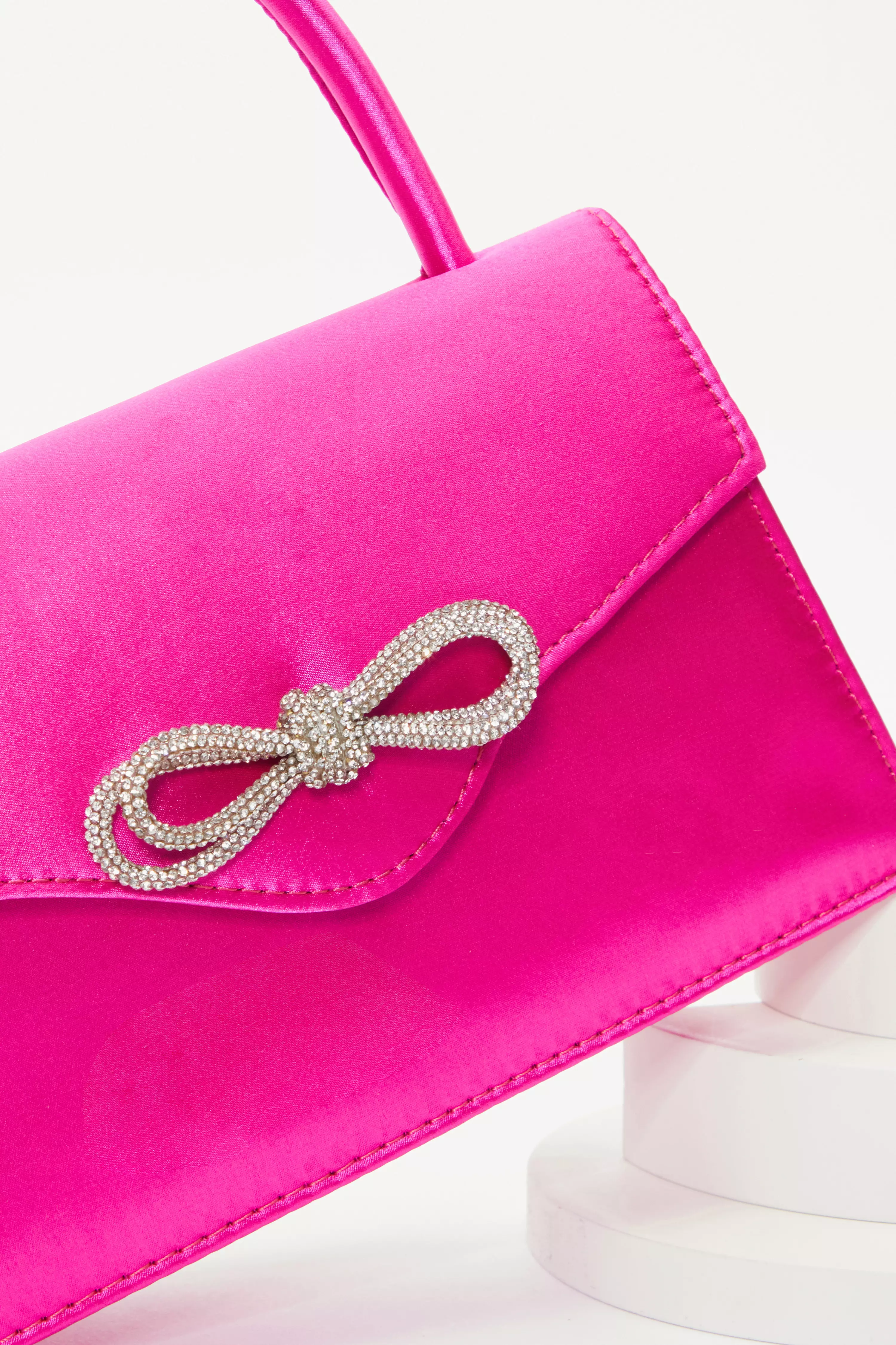 Pink Satin Diamante Bow Mini Tote Bag