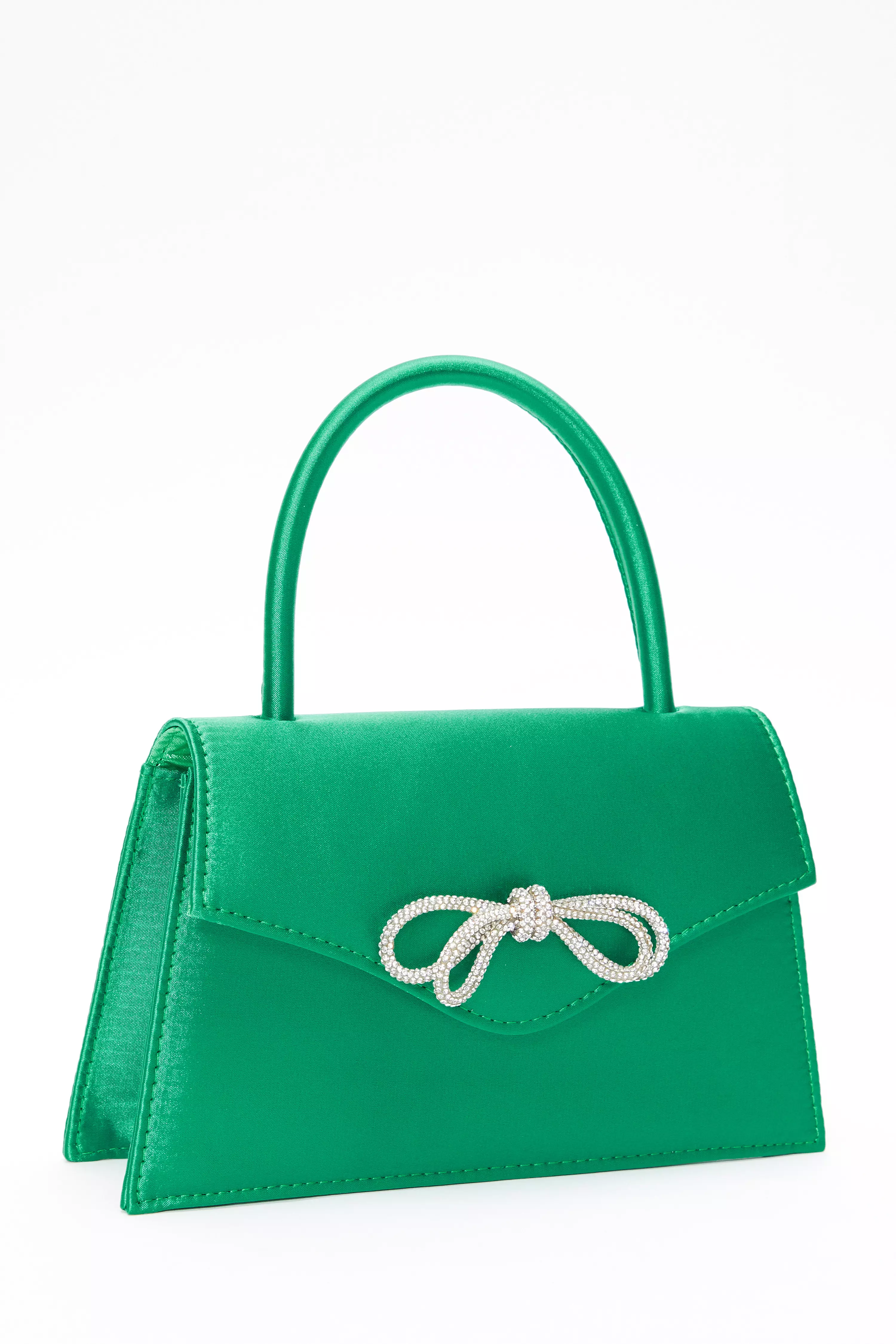 Green Satin Diamante Bow Mini Tote Bag