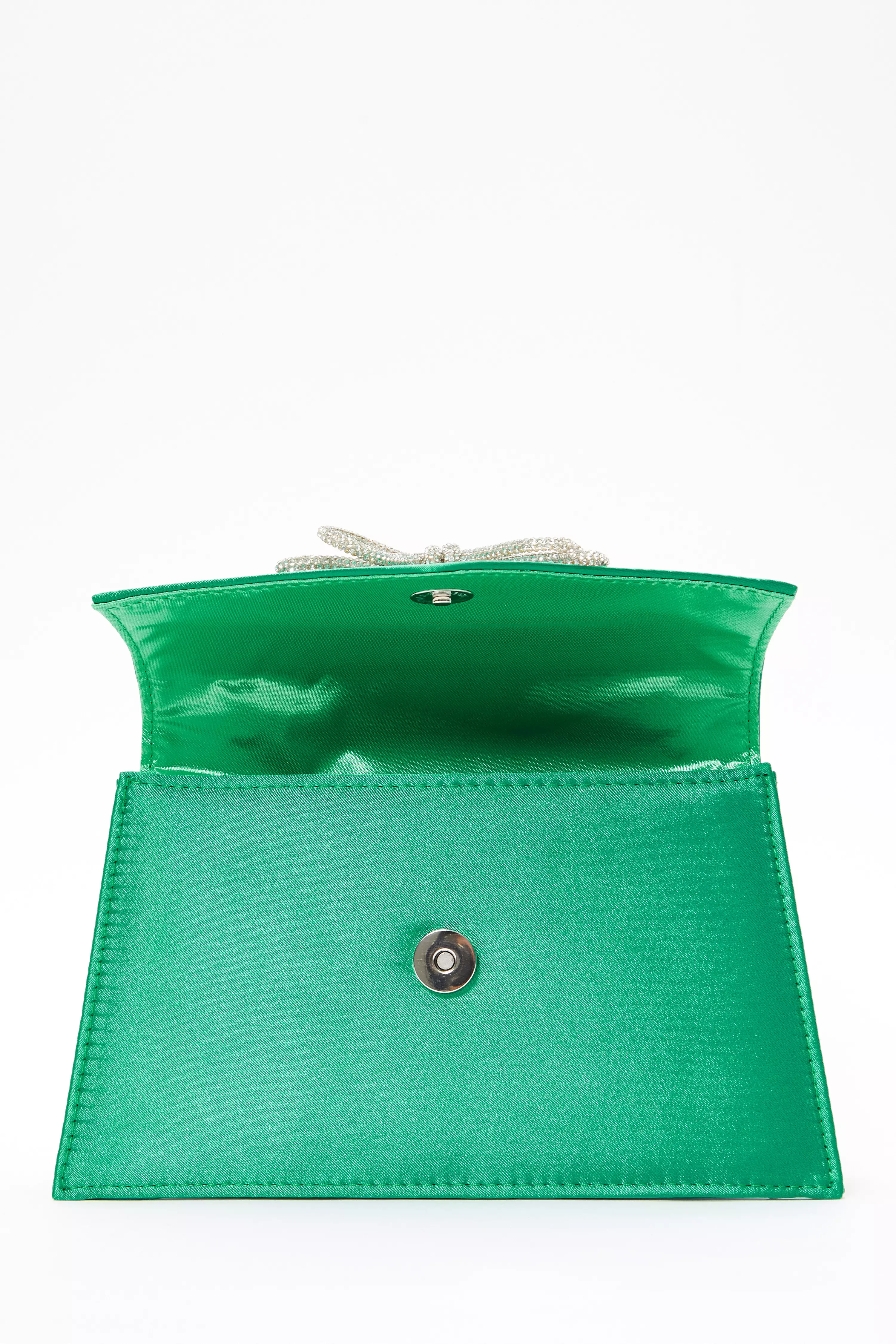 Green Satin Diamante Bow Mini Tote Bag