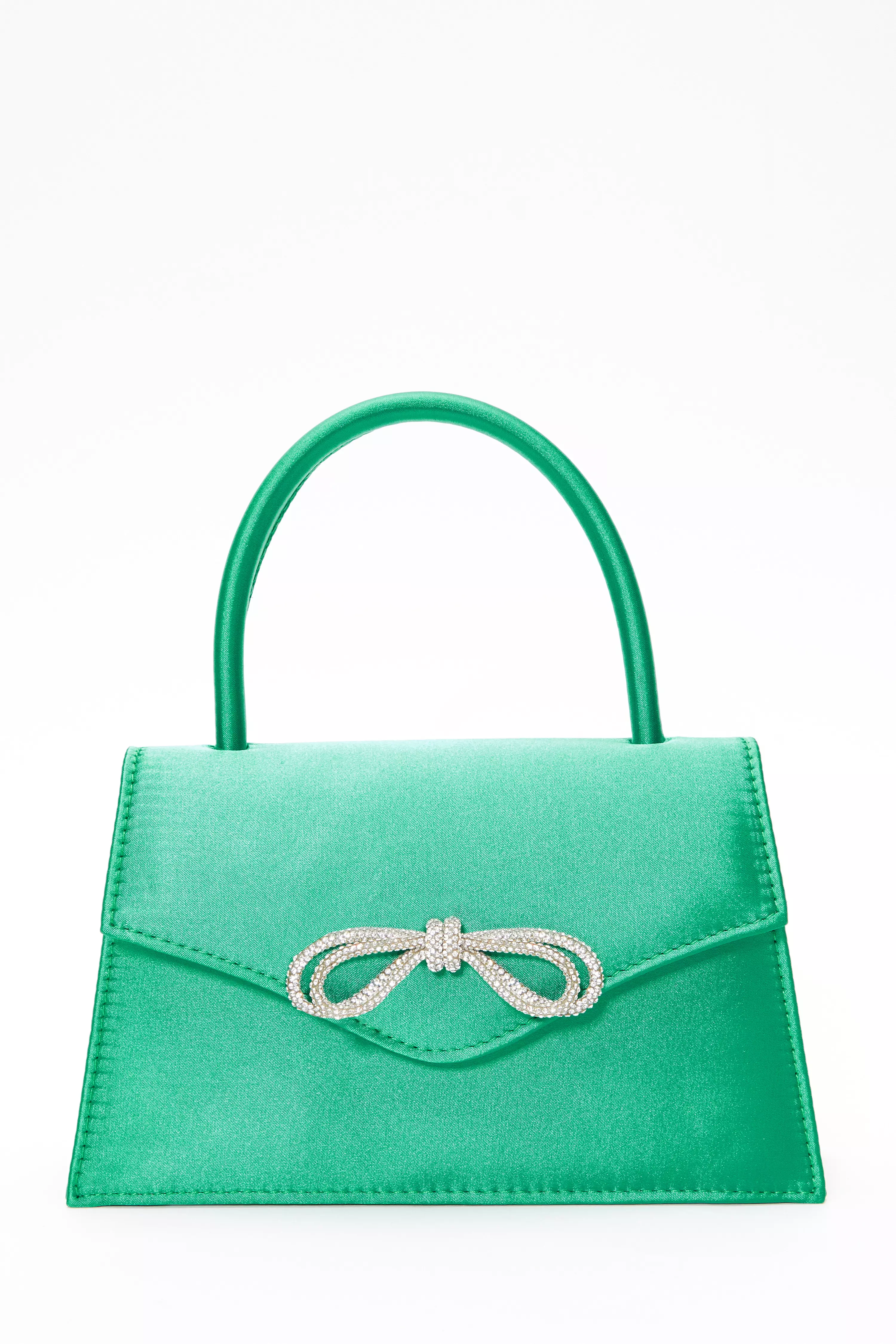 Green Satin Diamante Bow Mini Tote Bag