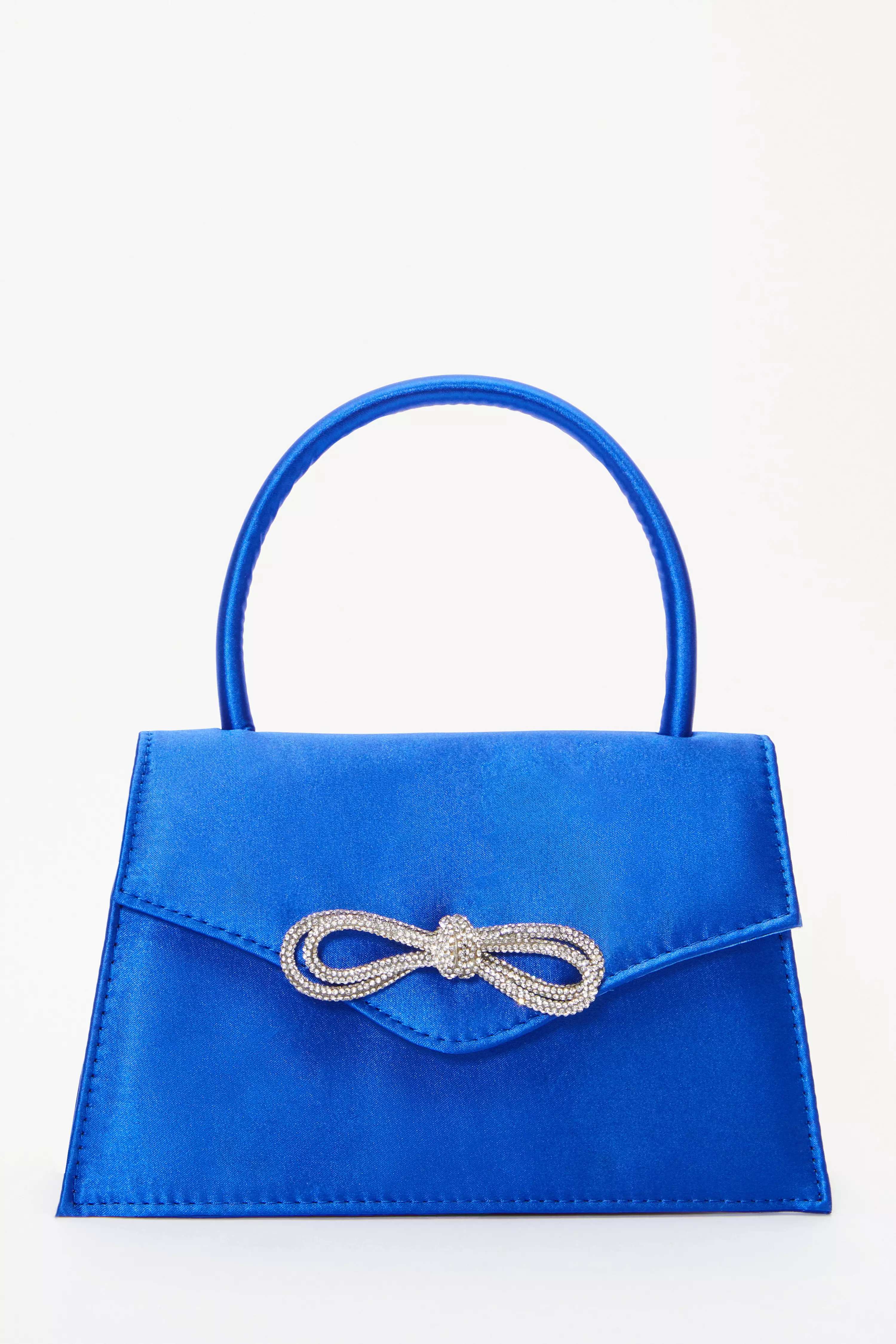 Royal Blue Satin Diamante Bow Mini Tote Bag QUIZ