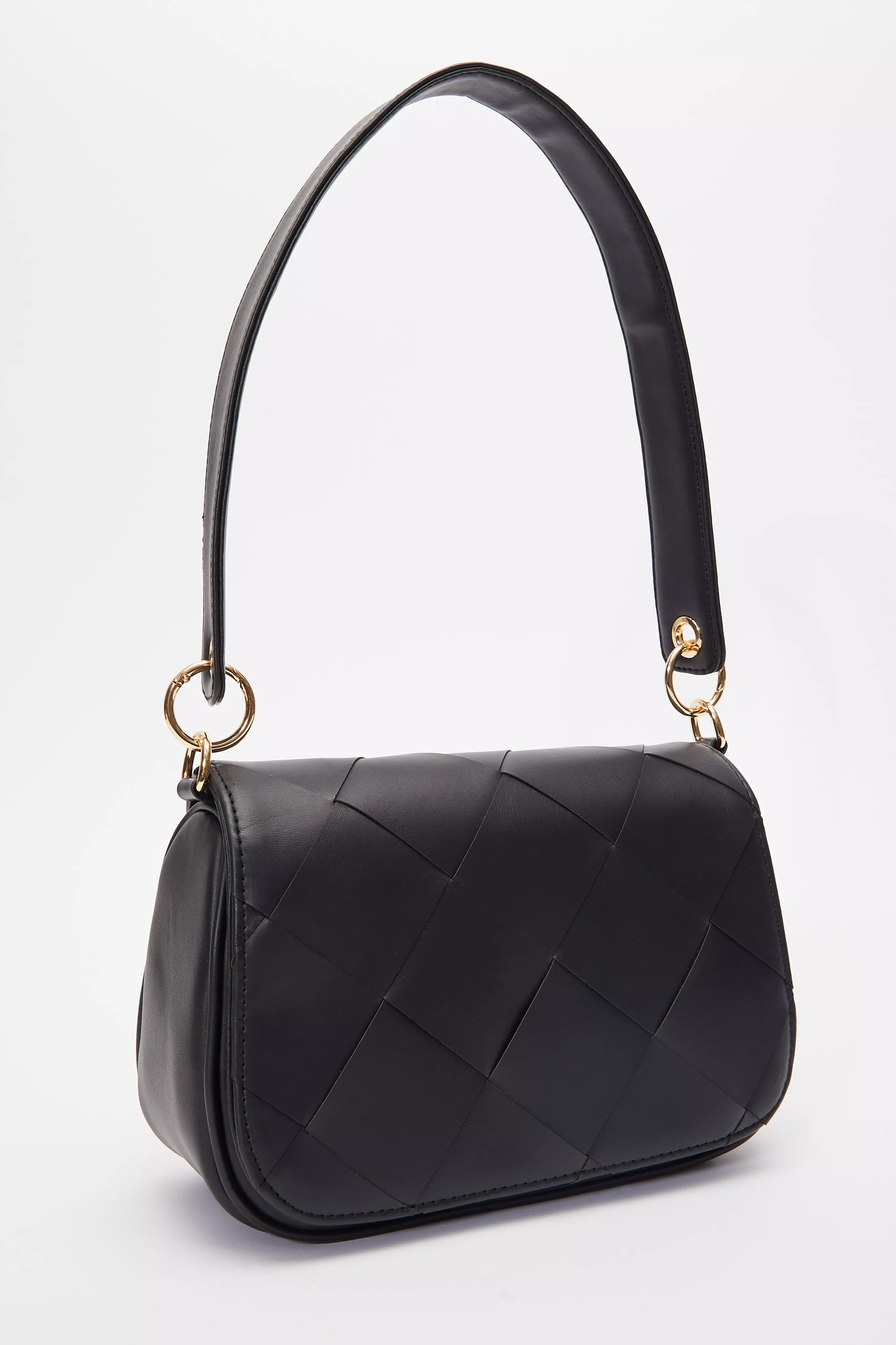 Black Faux Leather Woven Shoulder Bag