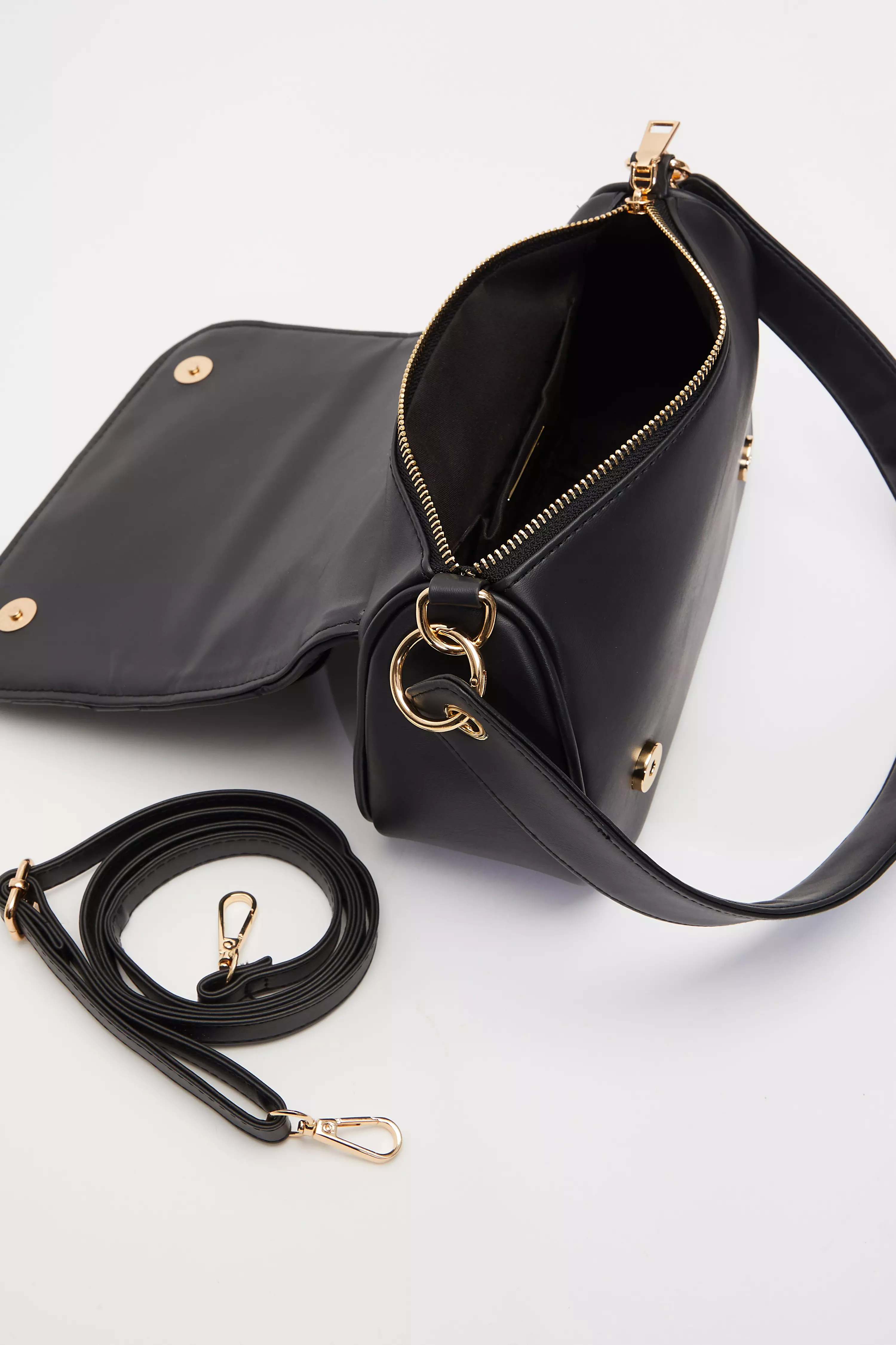 Black Faux Leather Woven Shoulder Bag