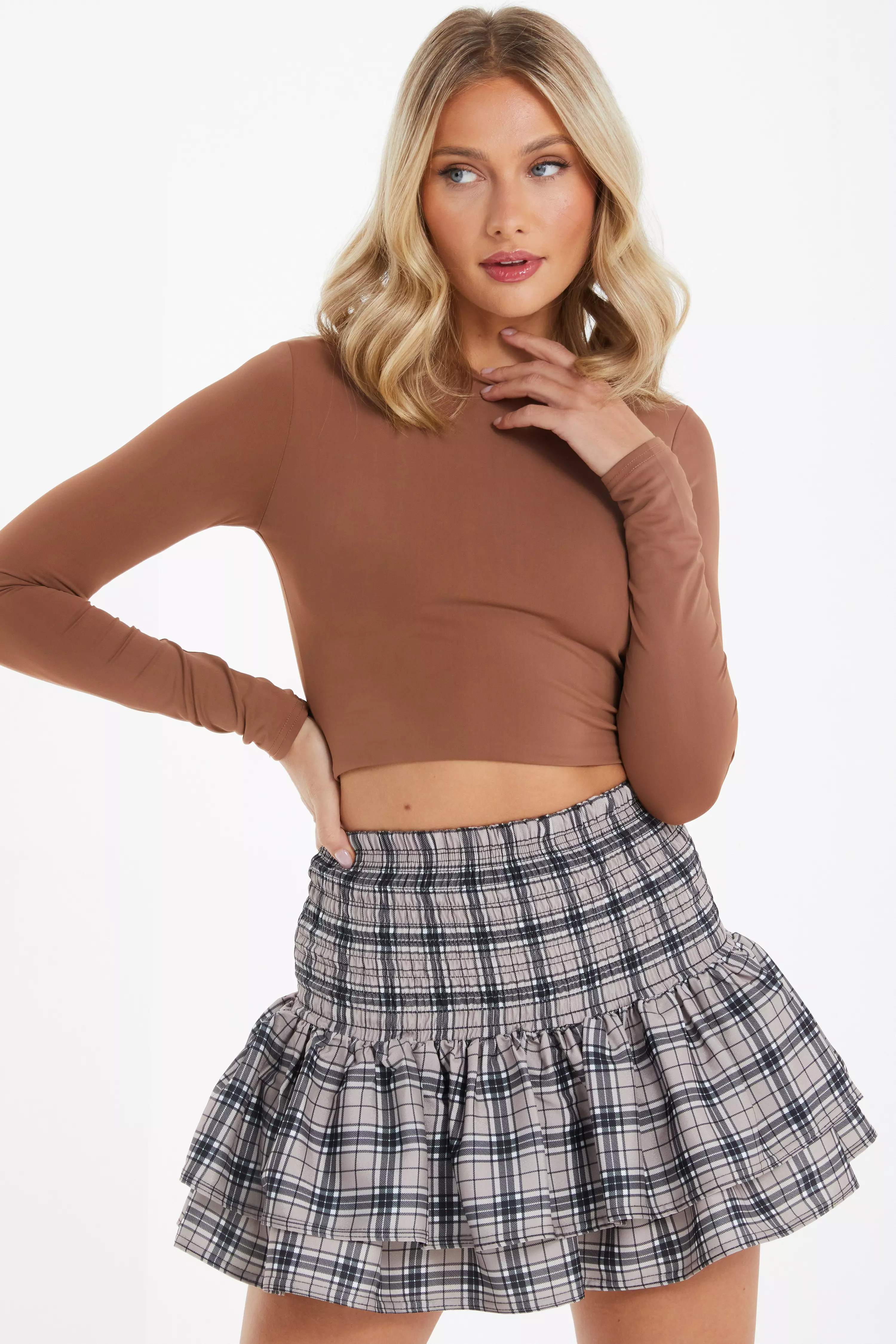 Stone Check Print Ruched Frill Mini Skirt