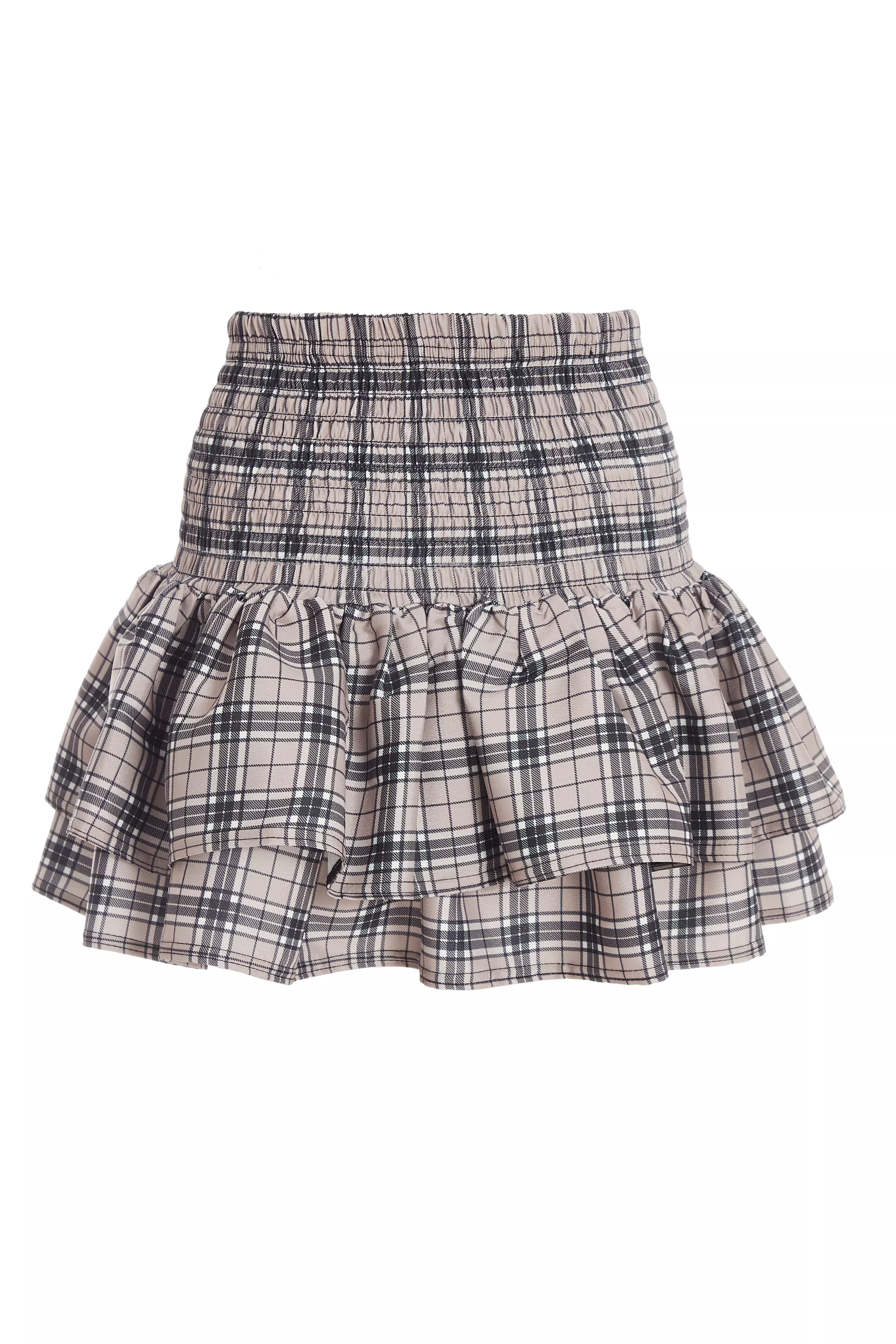 Stone Check Print Ruched Frill Mini Skirt