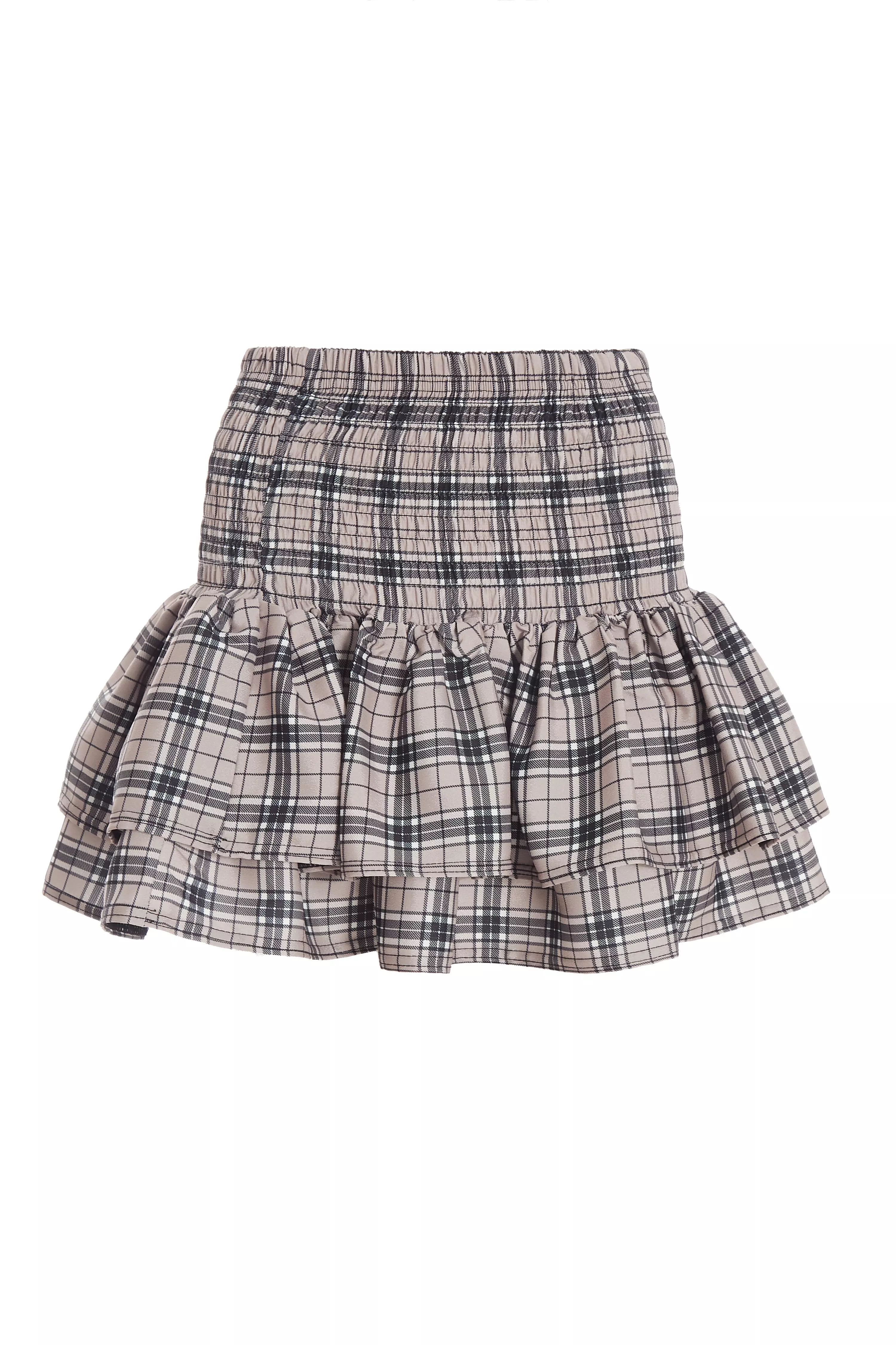 Stone Check Print Ruched Frill Mini Skirt