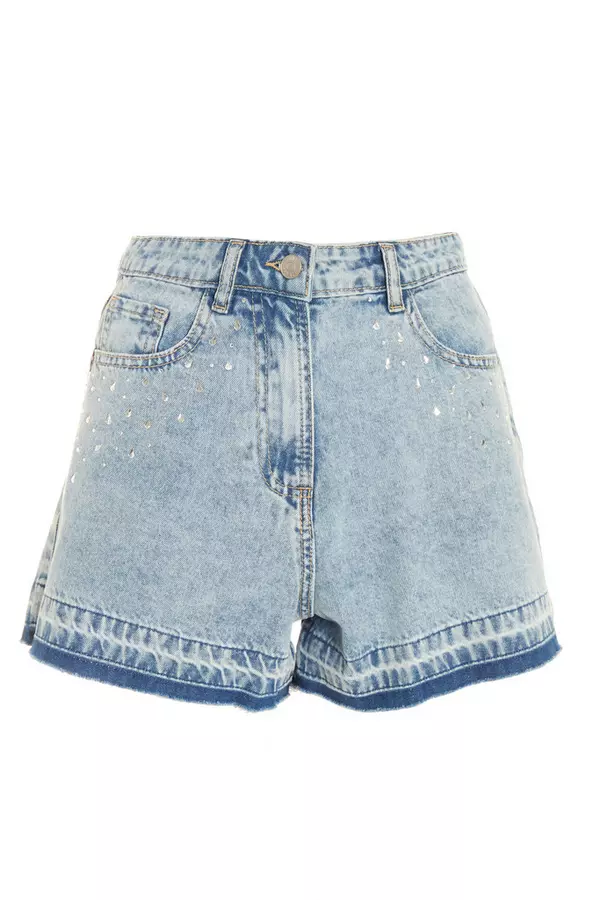 Light Blue Denim Embellished Shorts