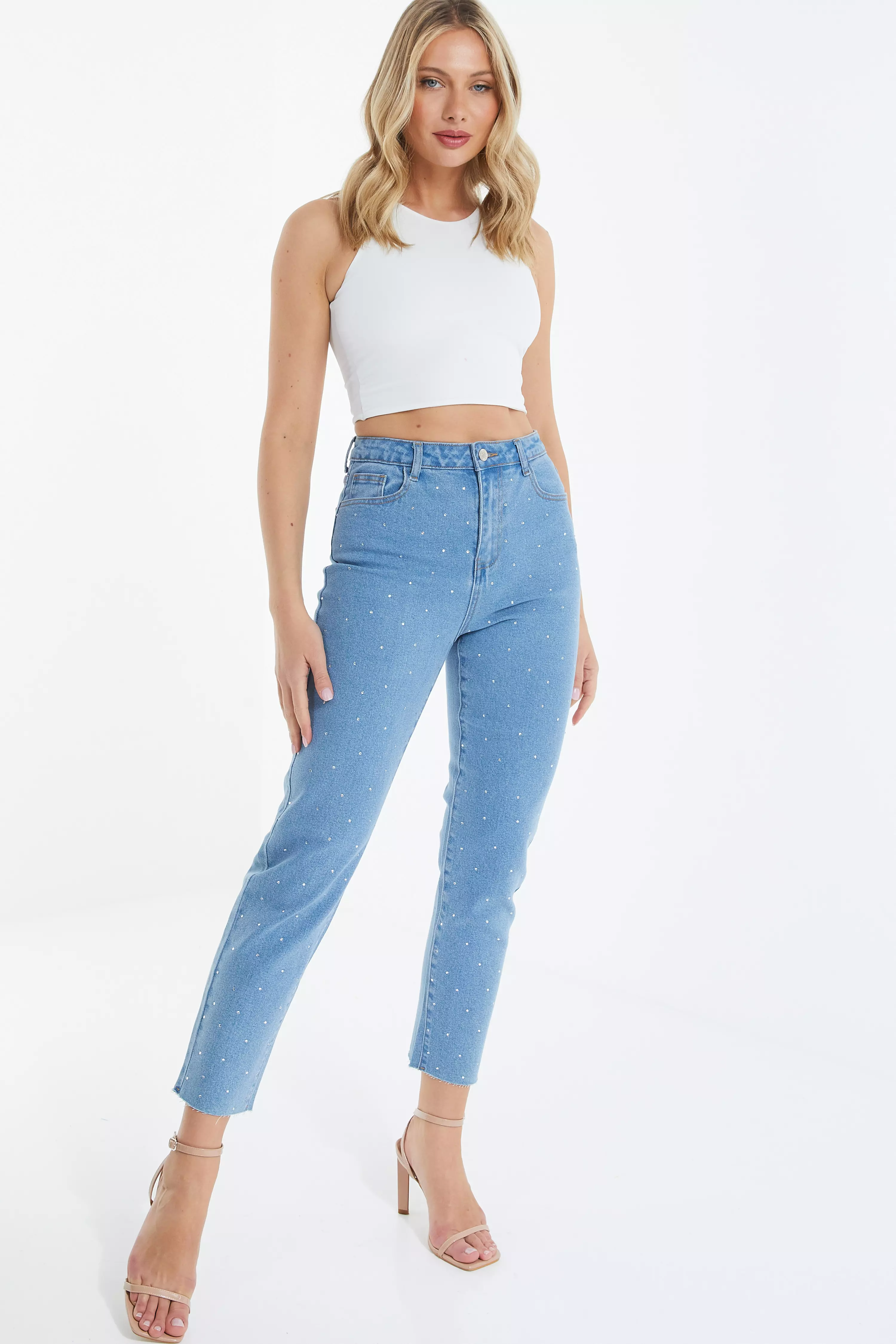 Blue Denim Embellished Mom Jeans