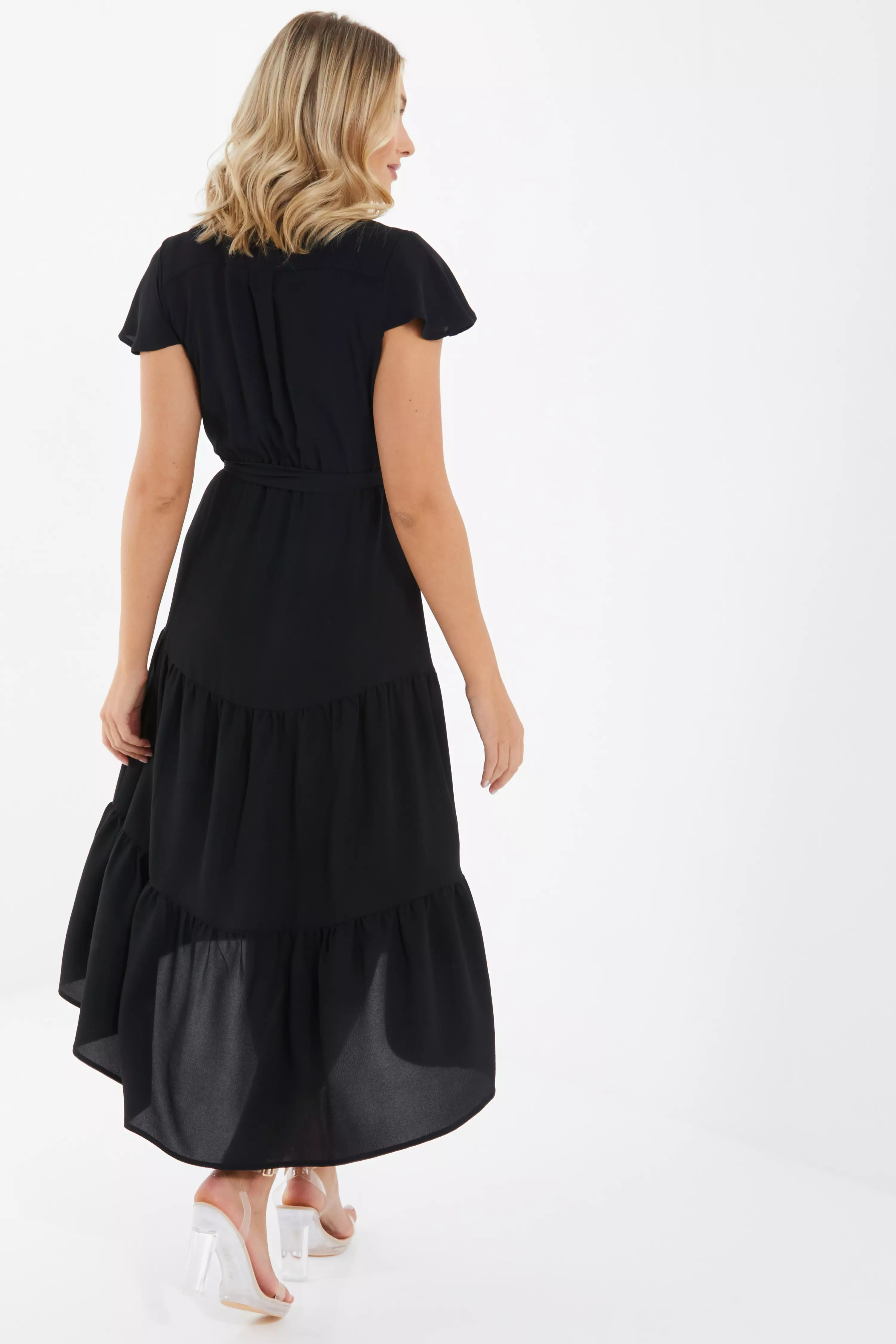 Black Tiered Dip Hem Midi Dress