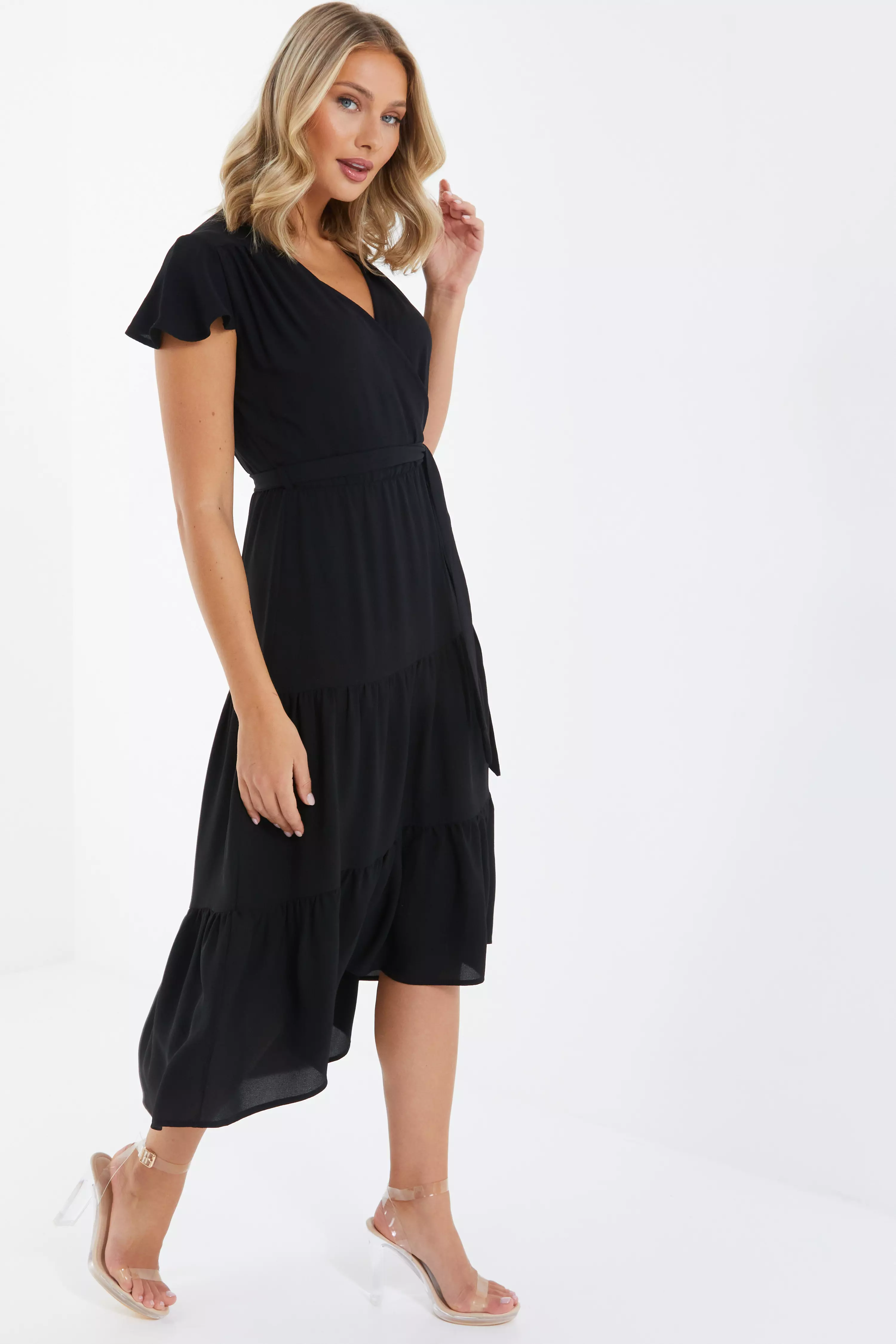 Black Tiered Dip Hem Midi Dress