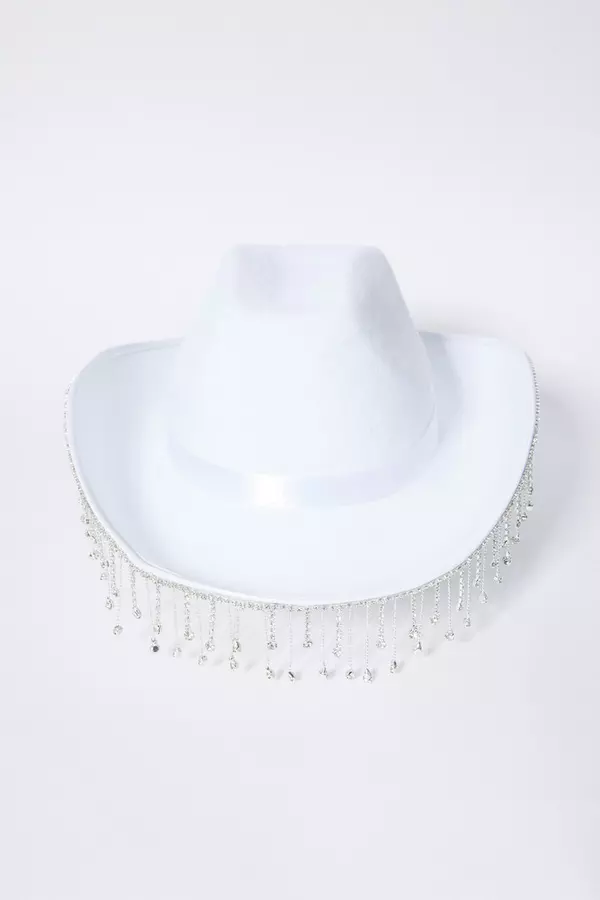 White Diamante Fringe Cowboy Hat