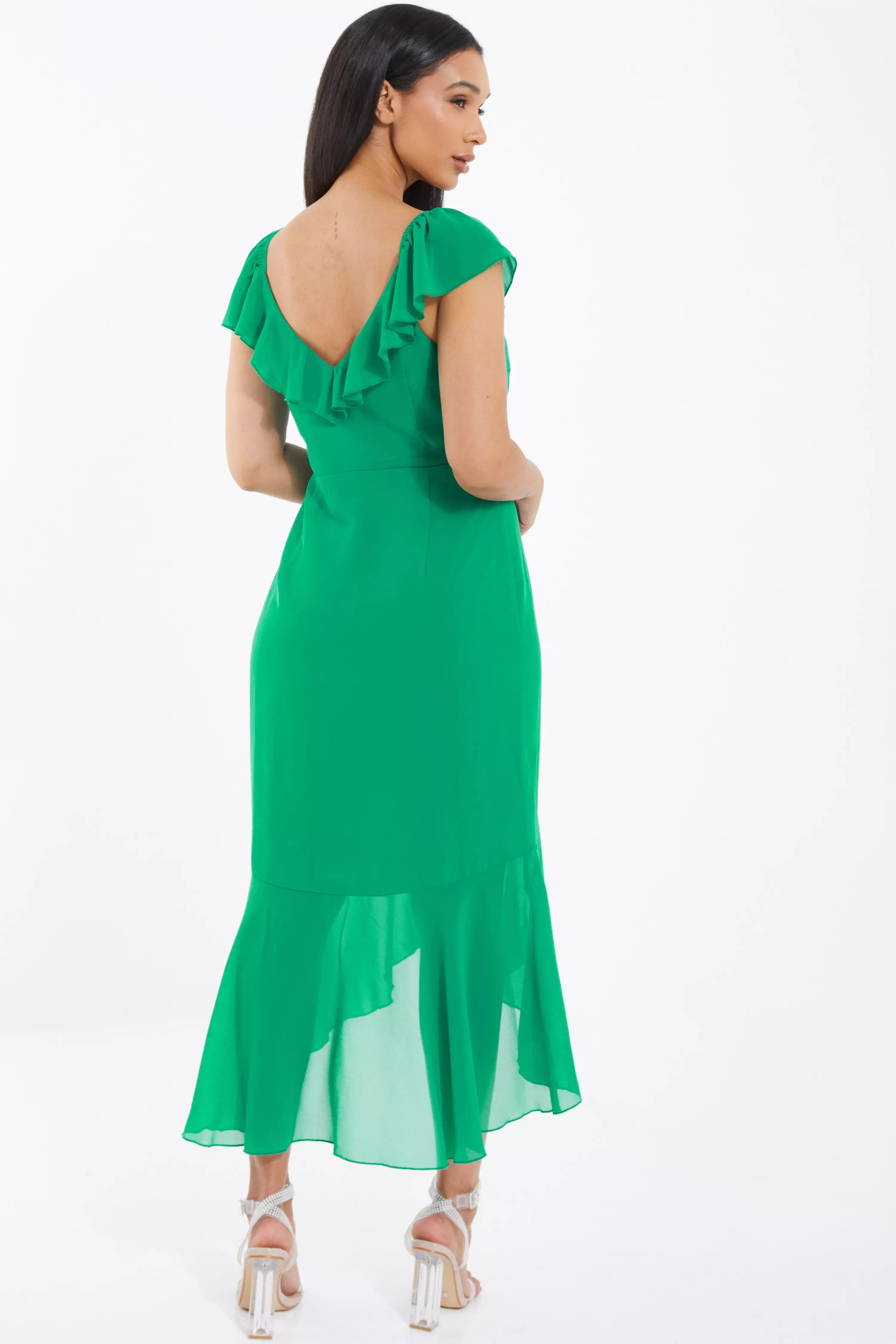 Green Wrap Frill Midi Dress