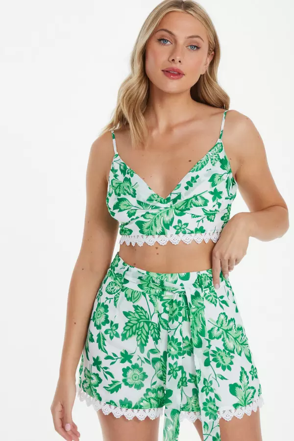 Green Tropical Print Shorts