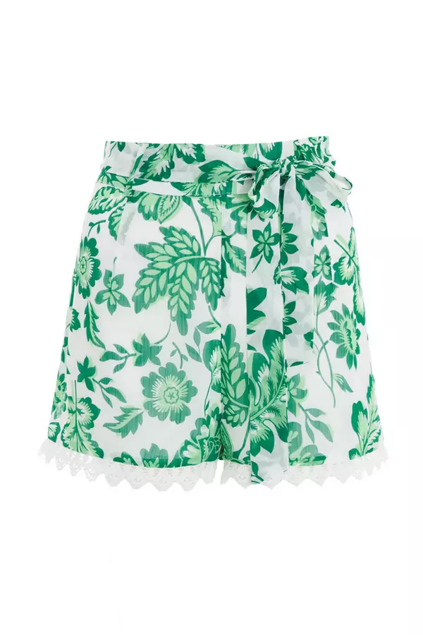 Green Tropical Print Shorts