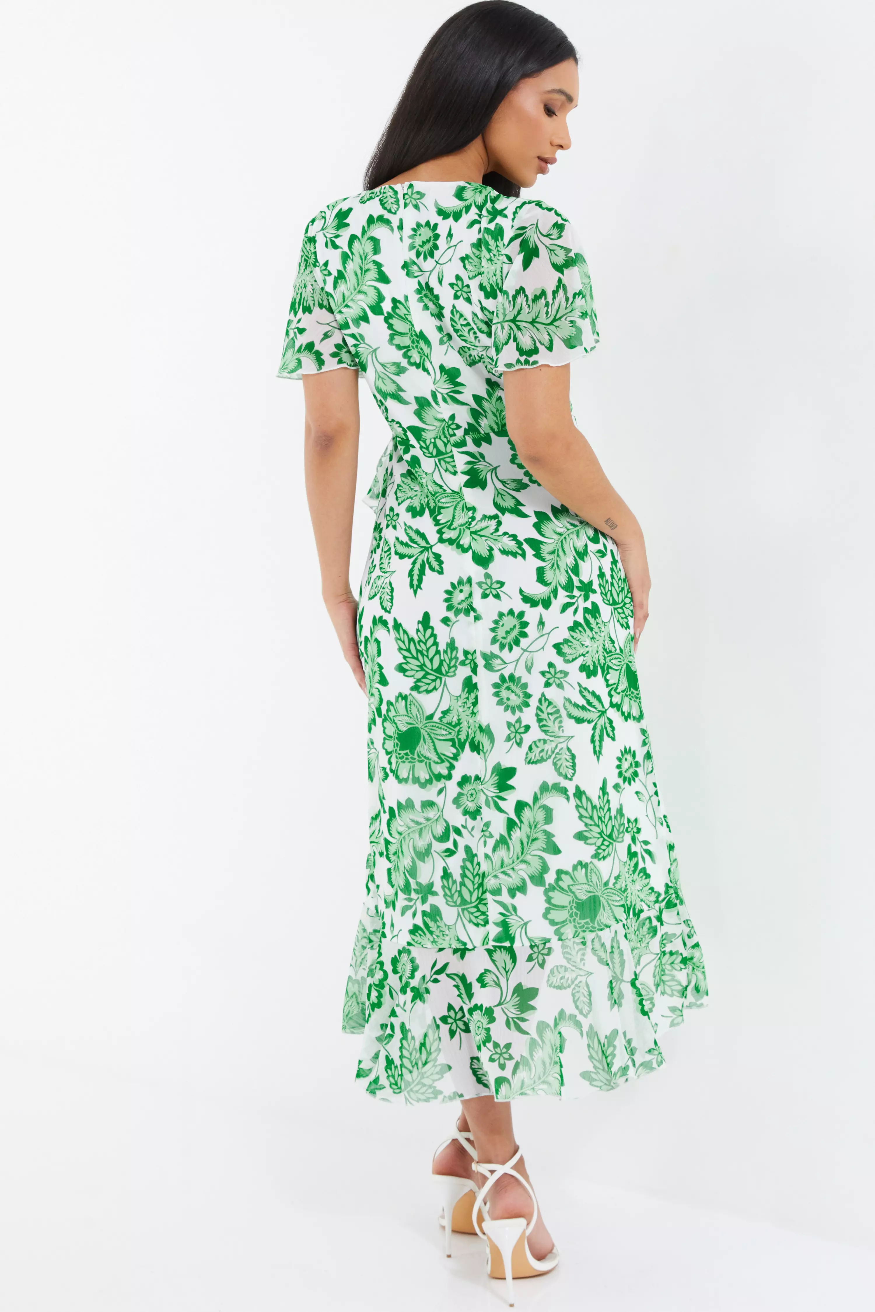Green Tropical Print Wrap Midi Dress