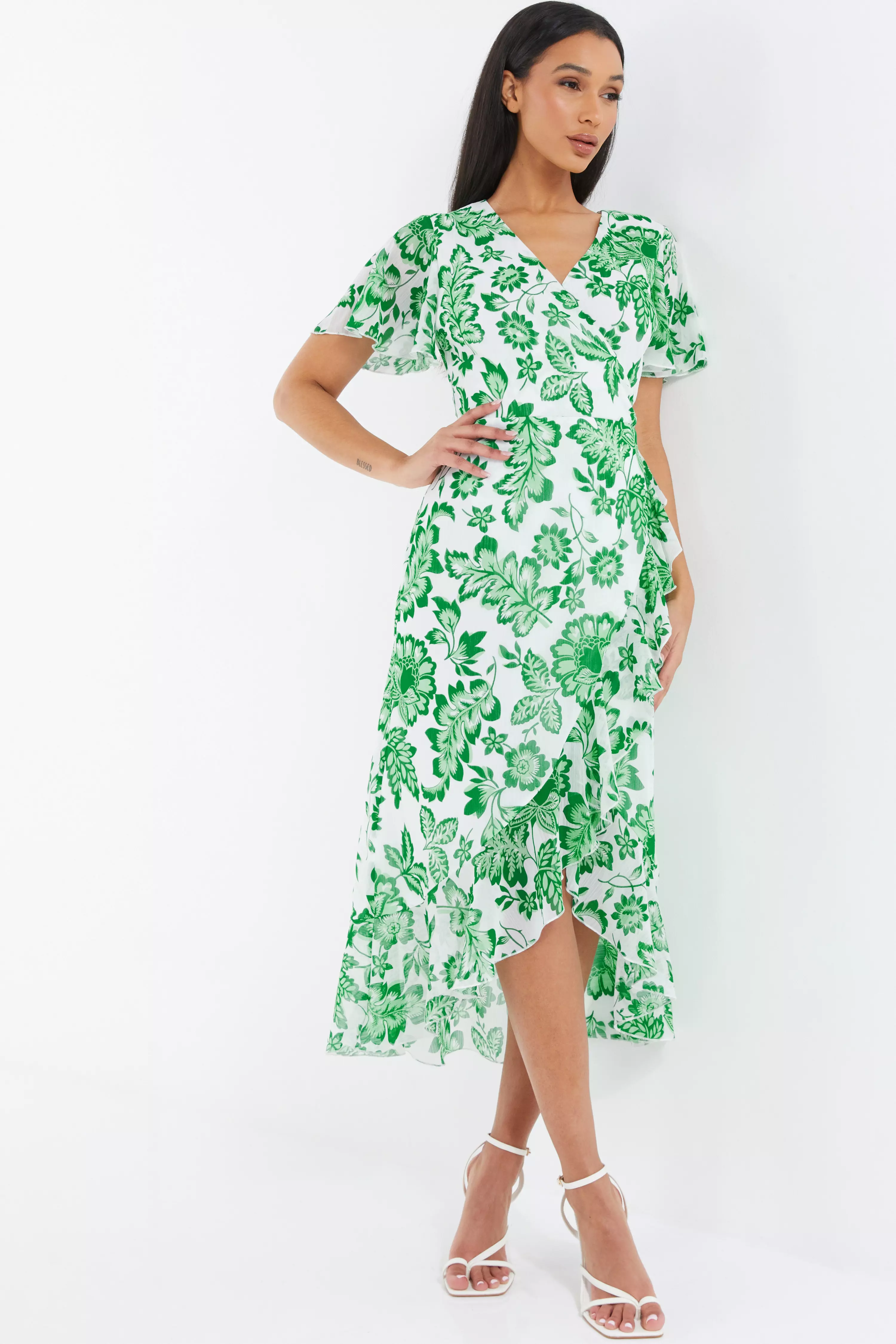 Green Tropical Print Wrap Midi Dress