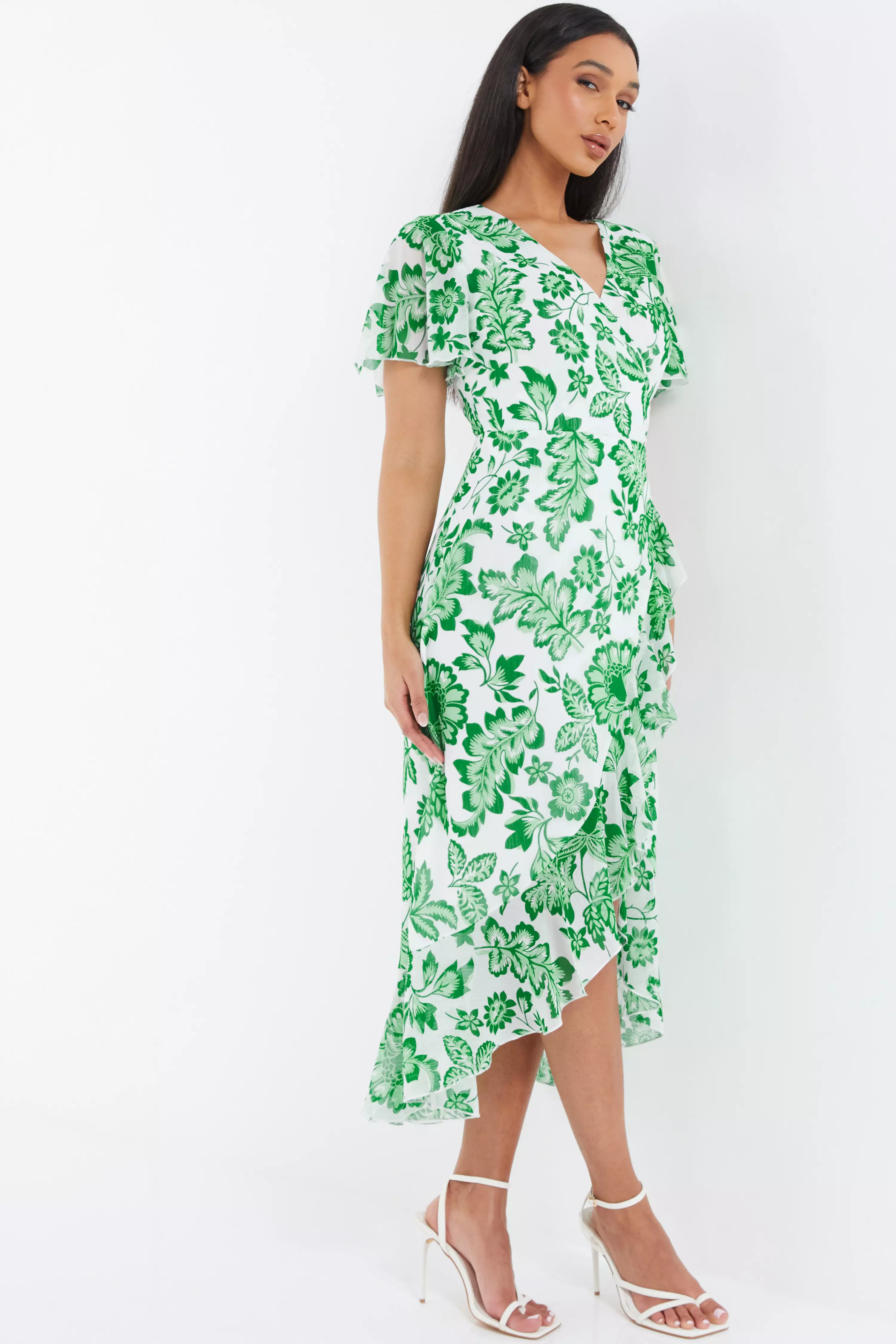 Green Tropical Print Wrap Midi Dress