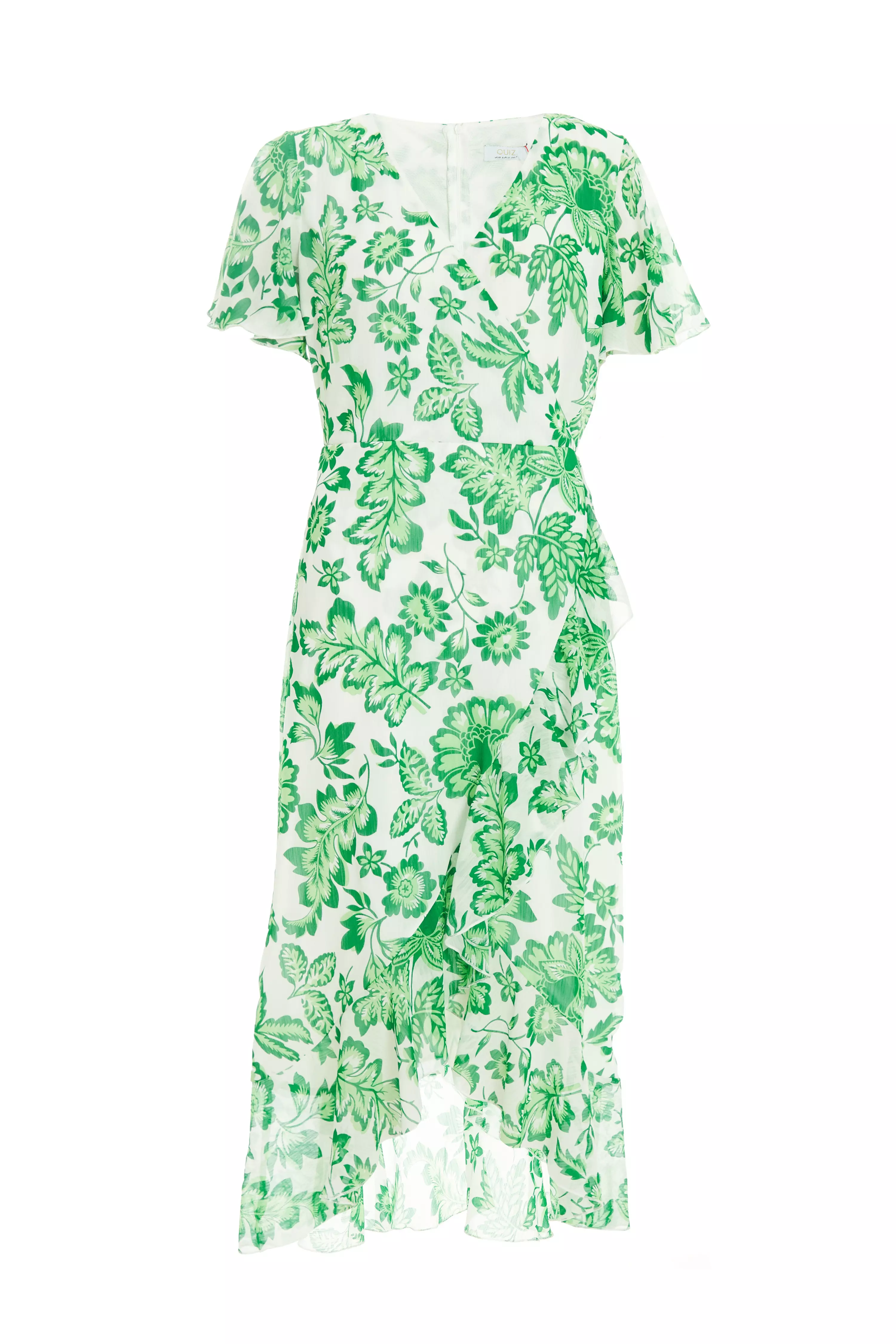 Green Tropical Print Wrap Midi Dress