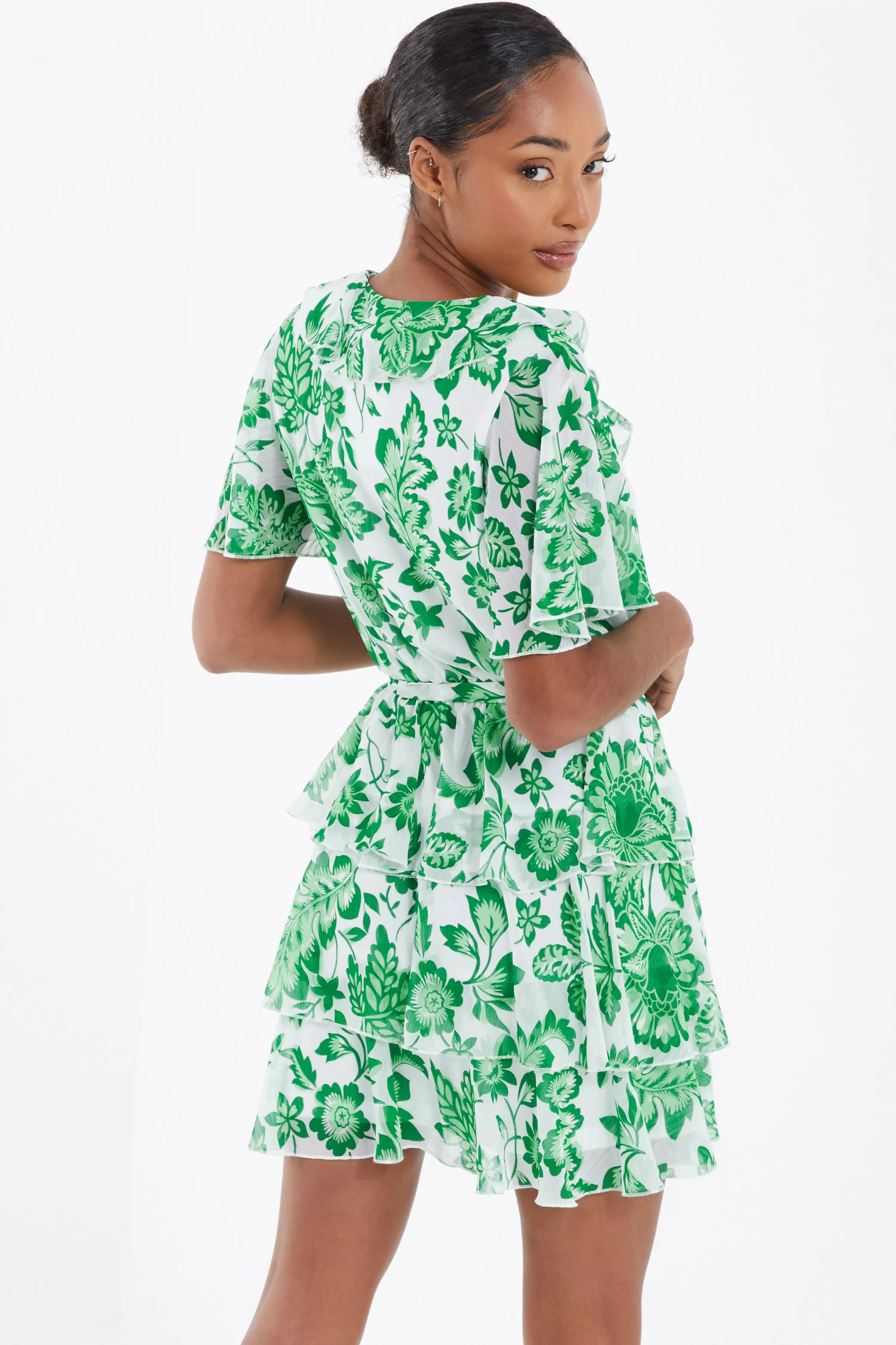 Green Tropical Print Skater Dress