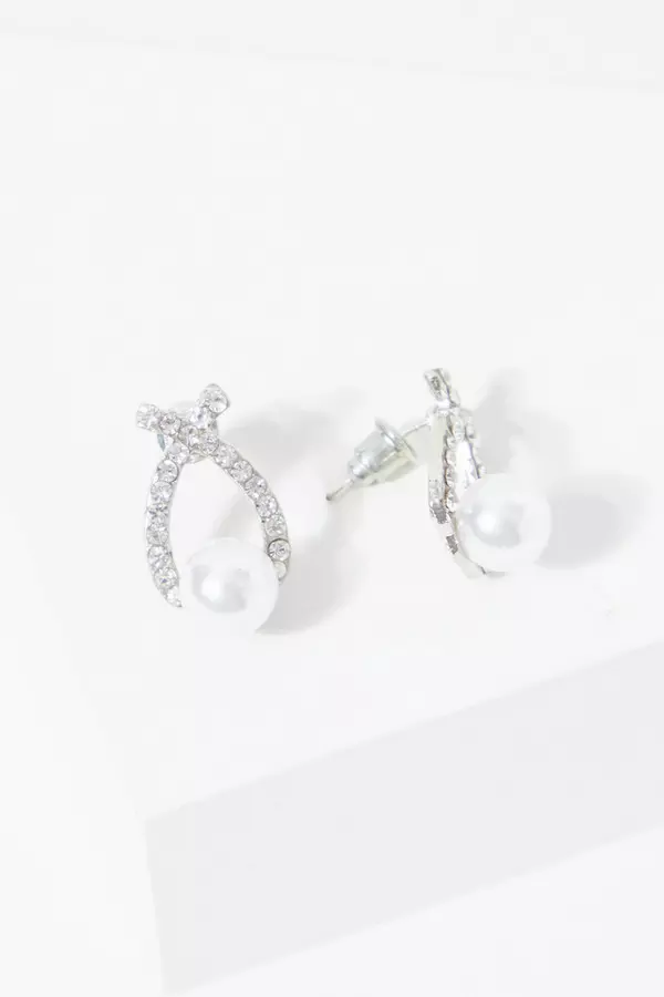 Silver Pearl Diamante Stud Earrings