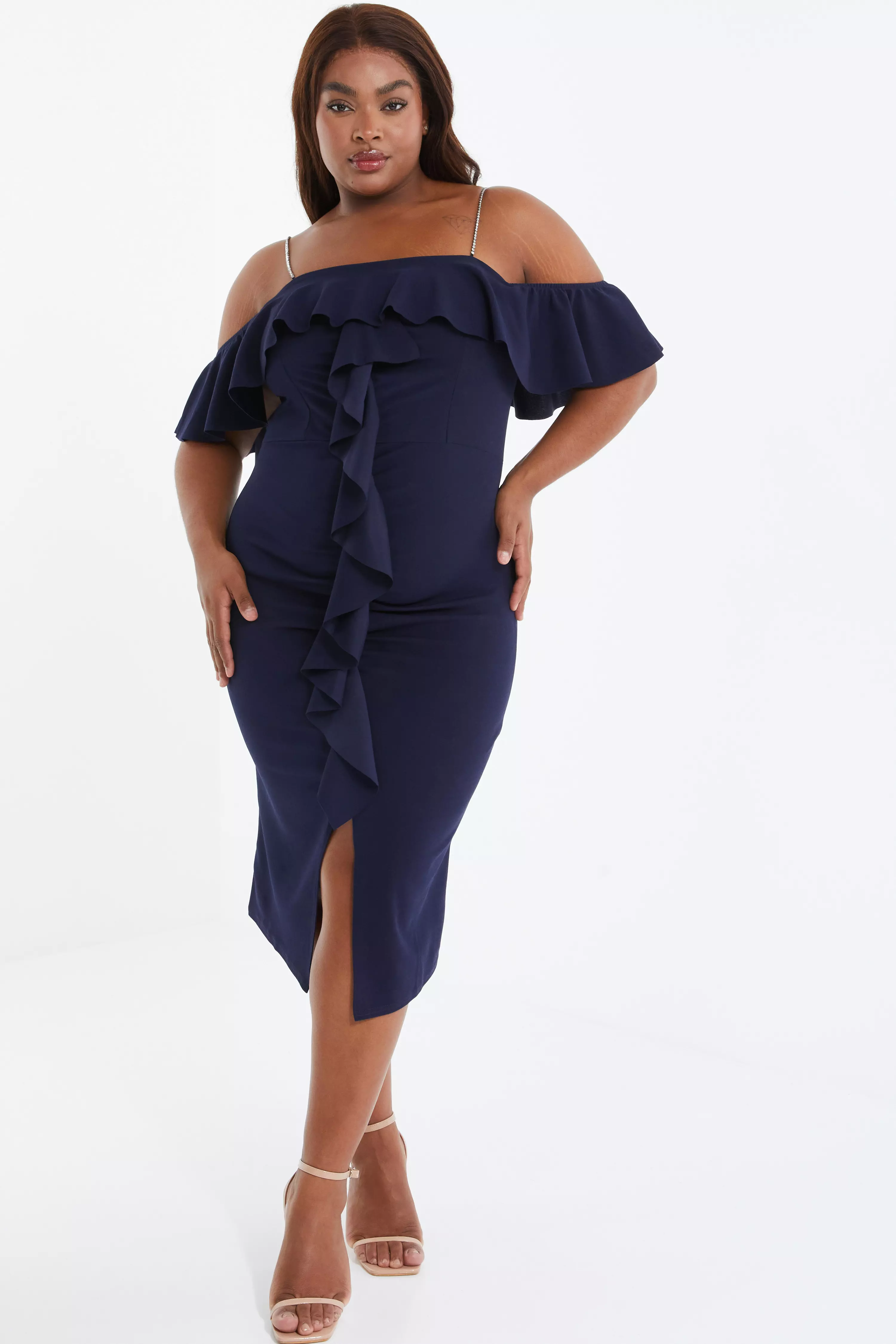 Curve Navy Diamante Strap Midi Dress