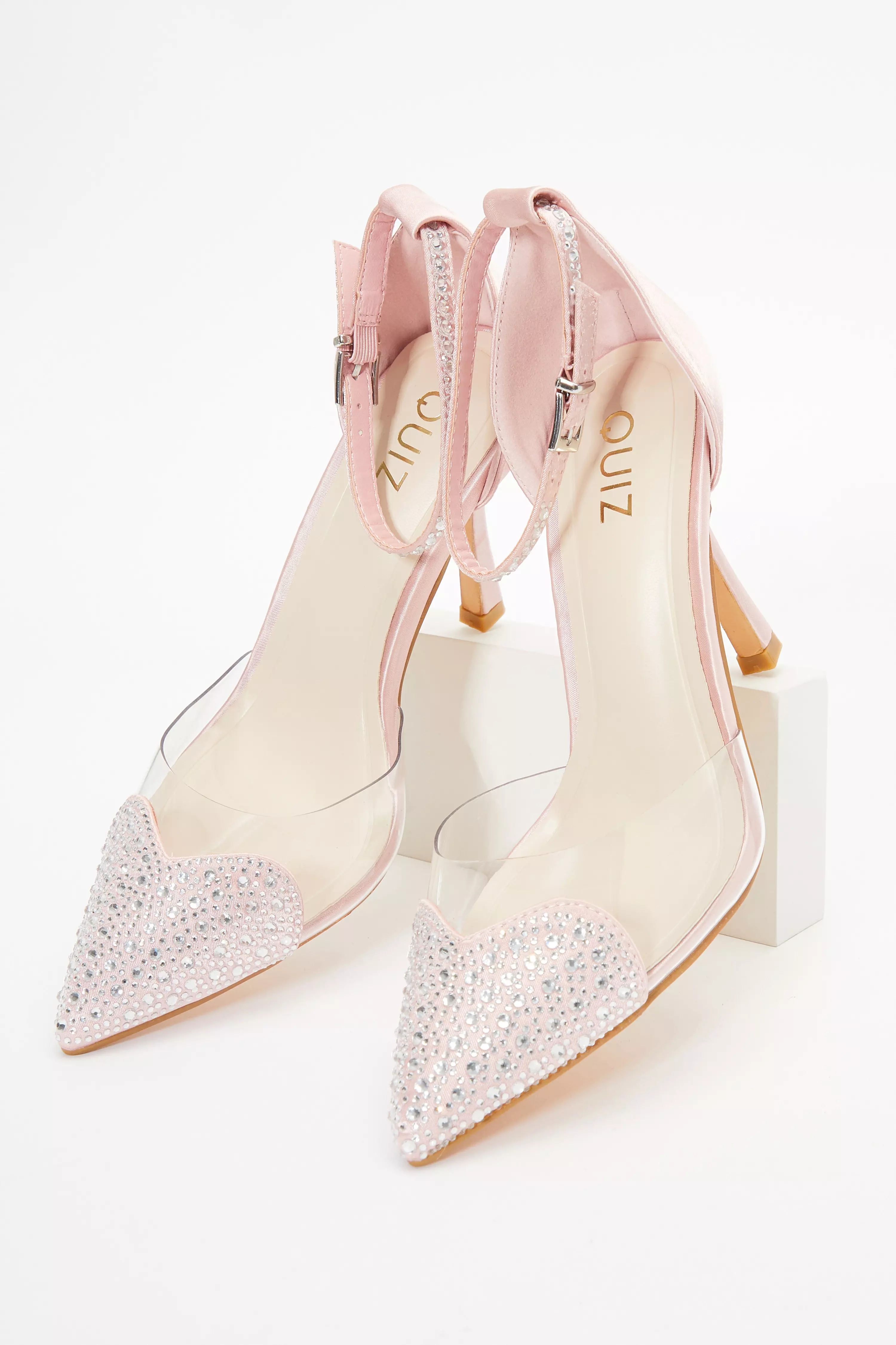 Pink Satin Diamante Heart Court Heels