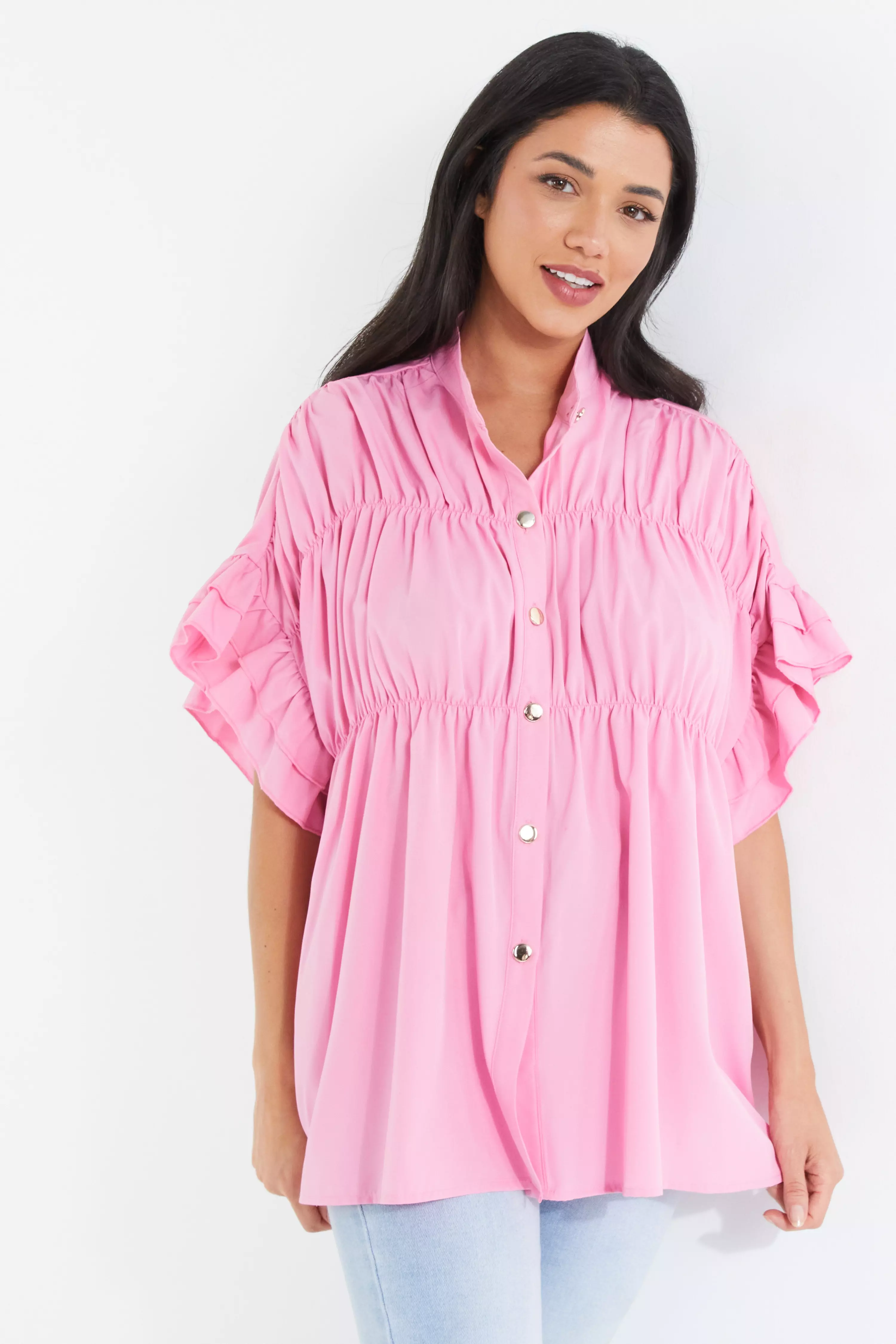 Pink Button Ruched Blouse