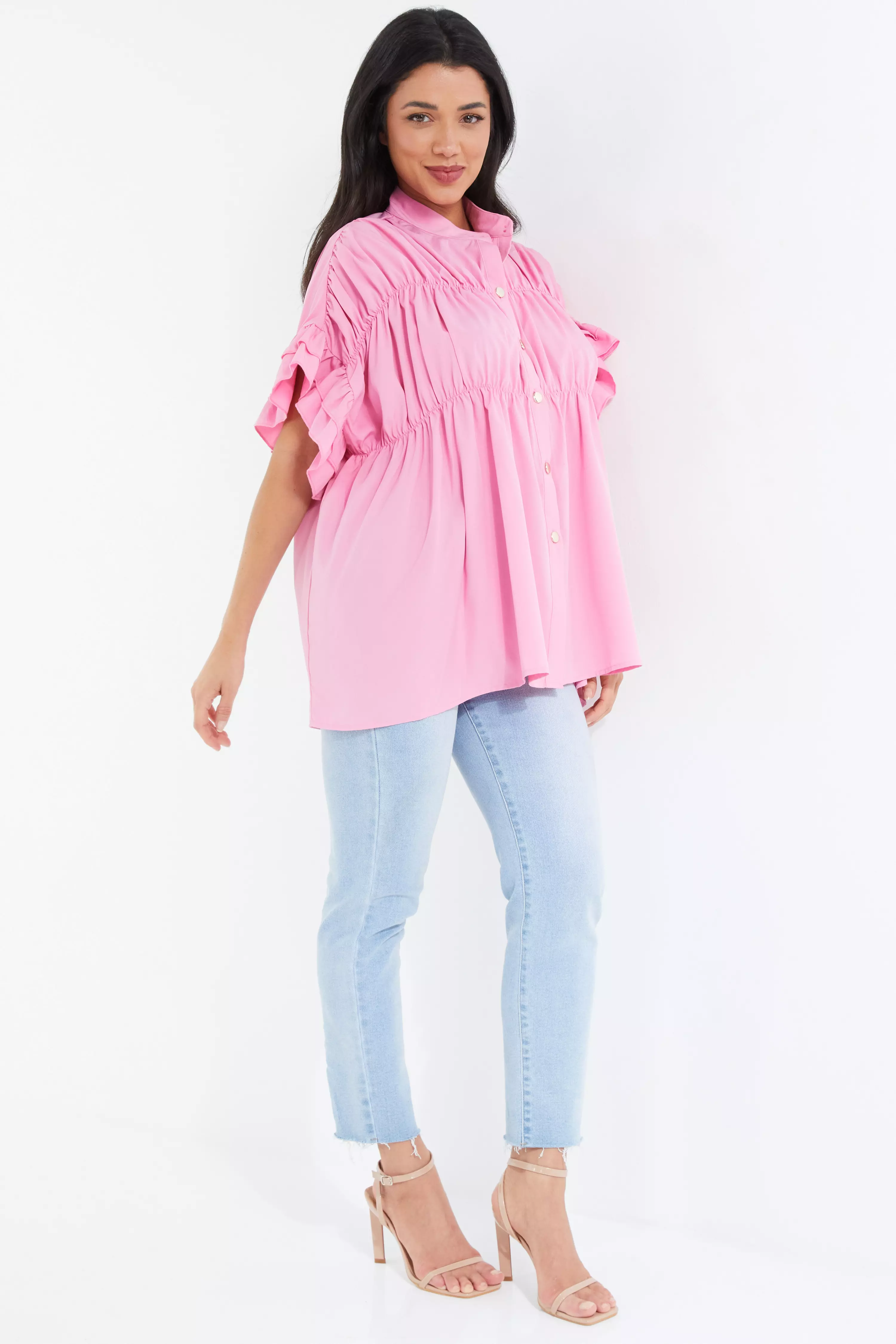 Pink Button Ruched Blouse