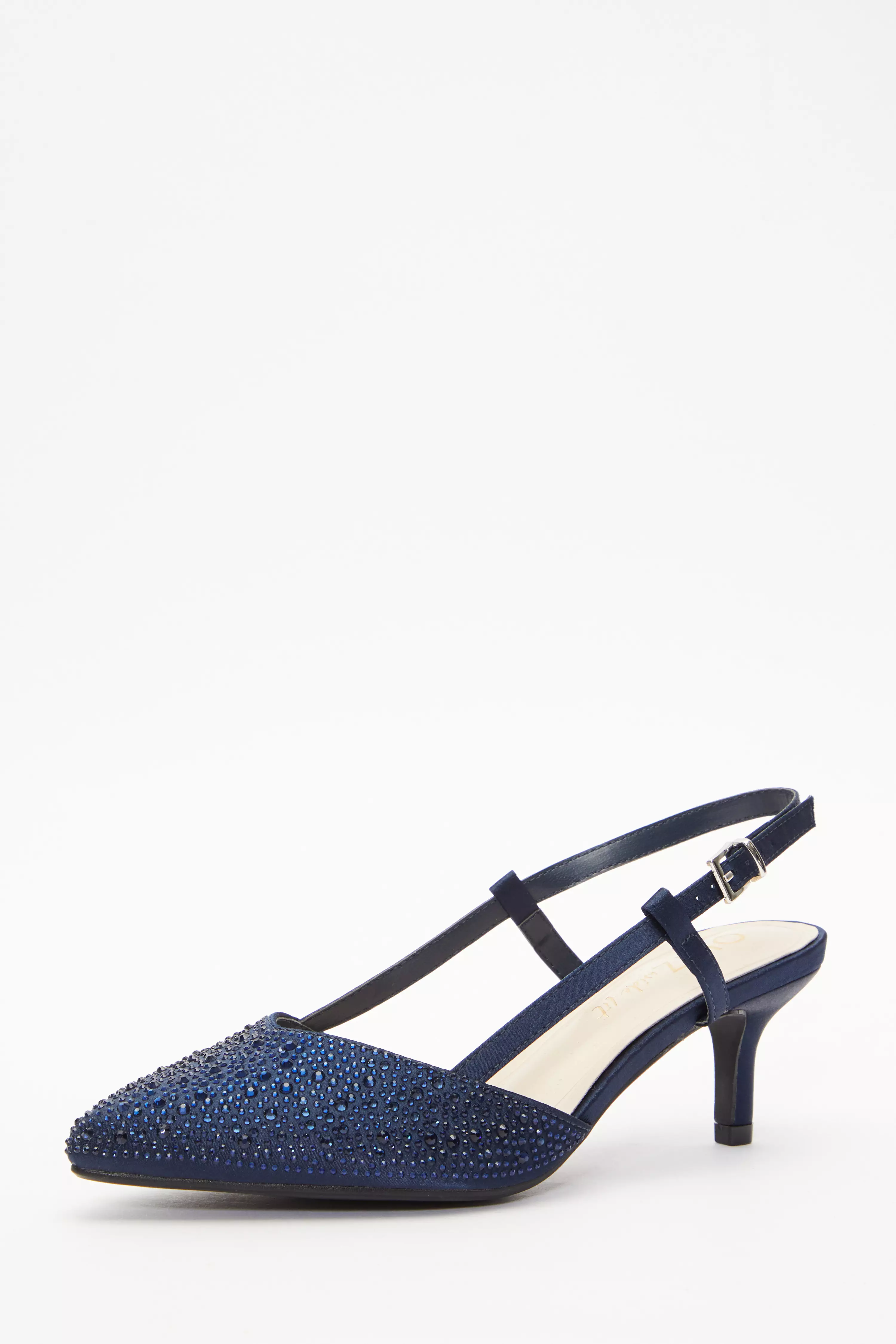 Wide Fit Navy Satin Diamante Low Court Heels