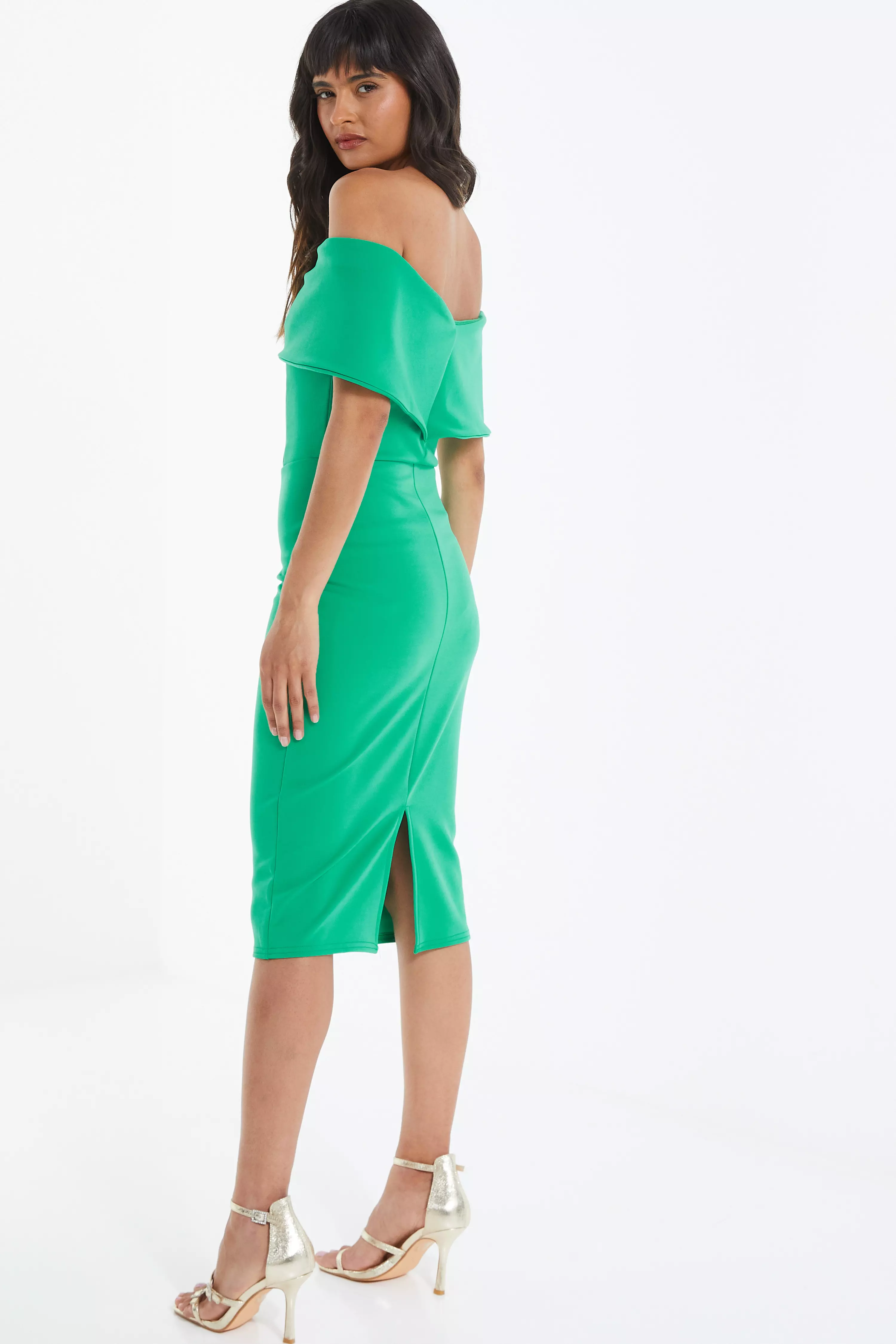 Green Bardot Bow Midi Dress